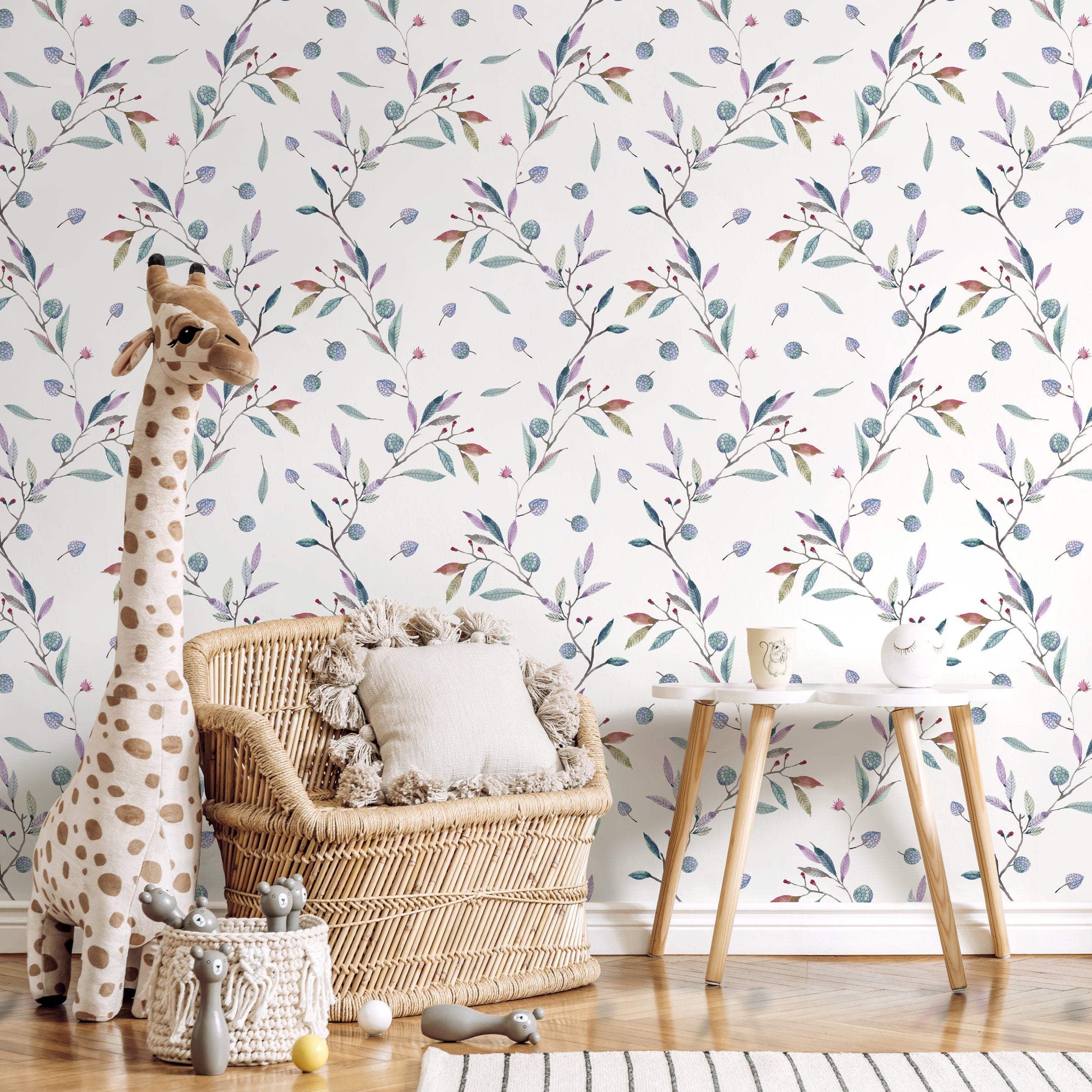 Botanical Wallpaper With A Delicate Berry Branch Motif In Green, Purple, And Red - A391