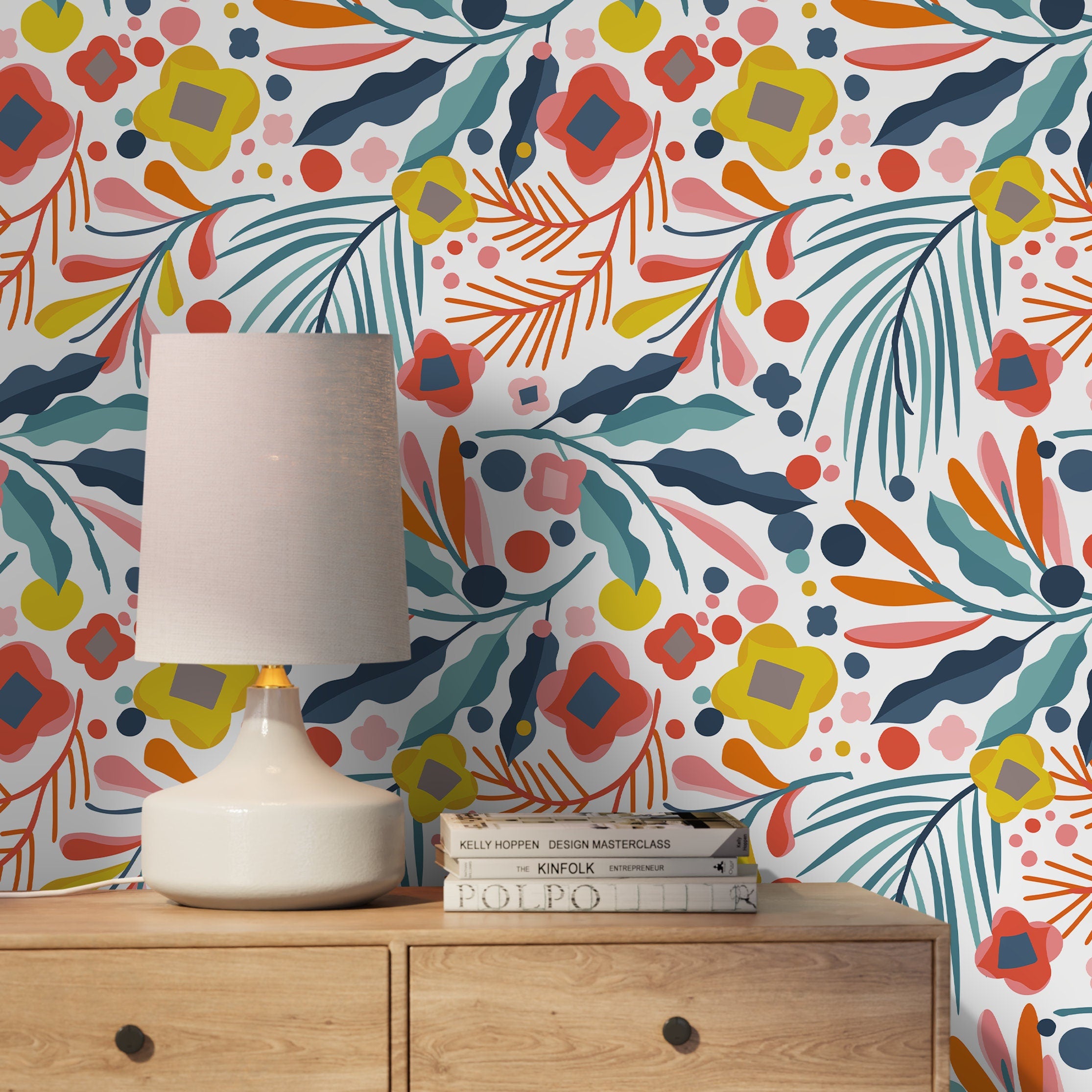 Botanical Wallpaper With Abstract Cutout Florals In Blue, Orange, And Yellow - A396