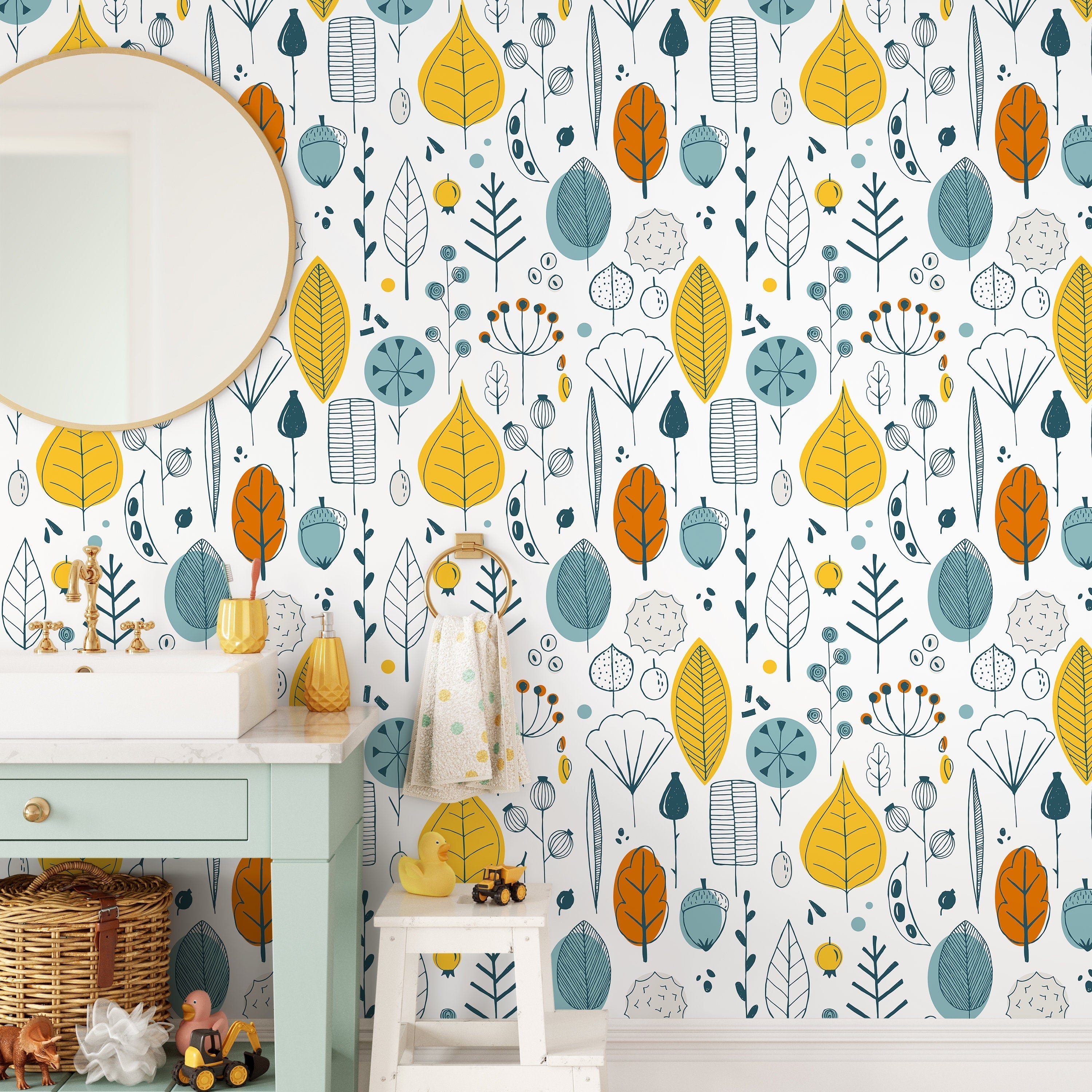 Botanical Wallpaper With A Scandinavian Forest Motif In Yellow, Teal, And Orange - A398