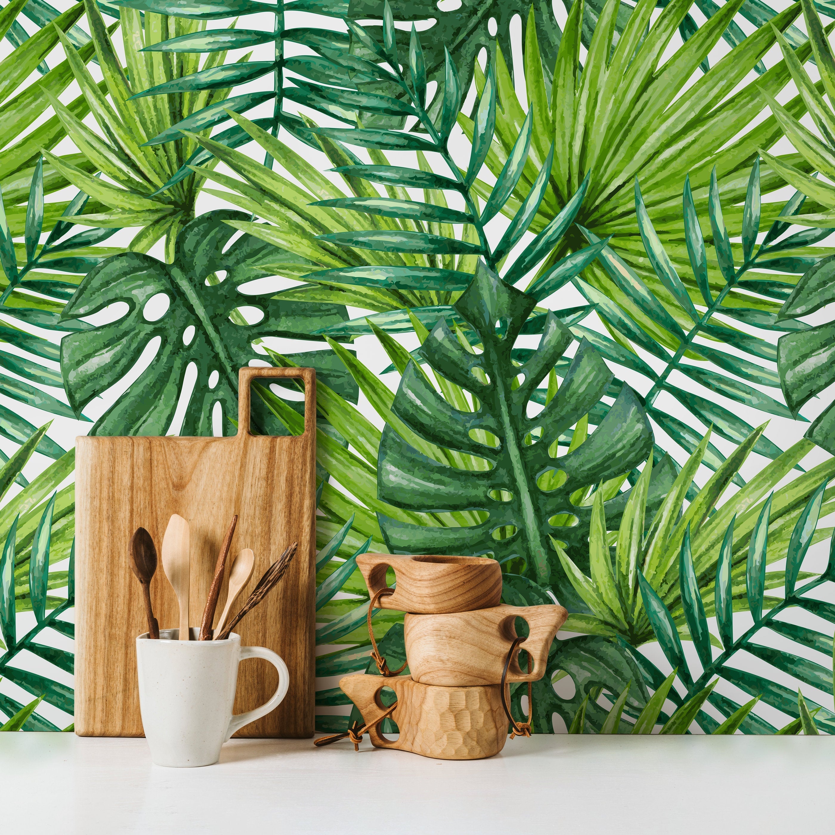 Tropical Wallpaper Featuring Lush Monstera And Palm Leaves In Green - A399