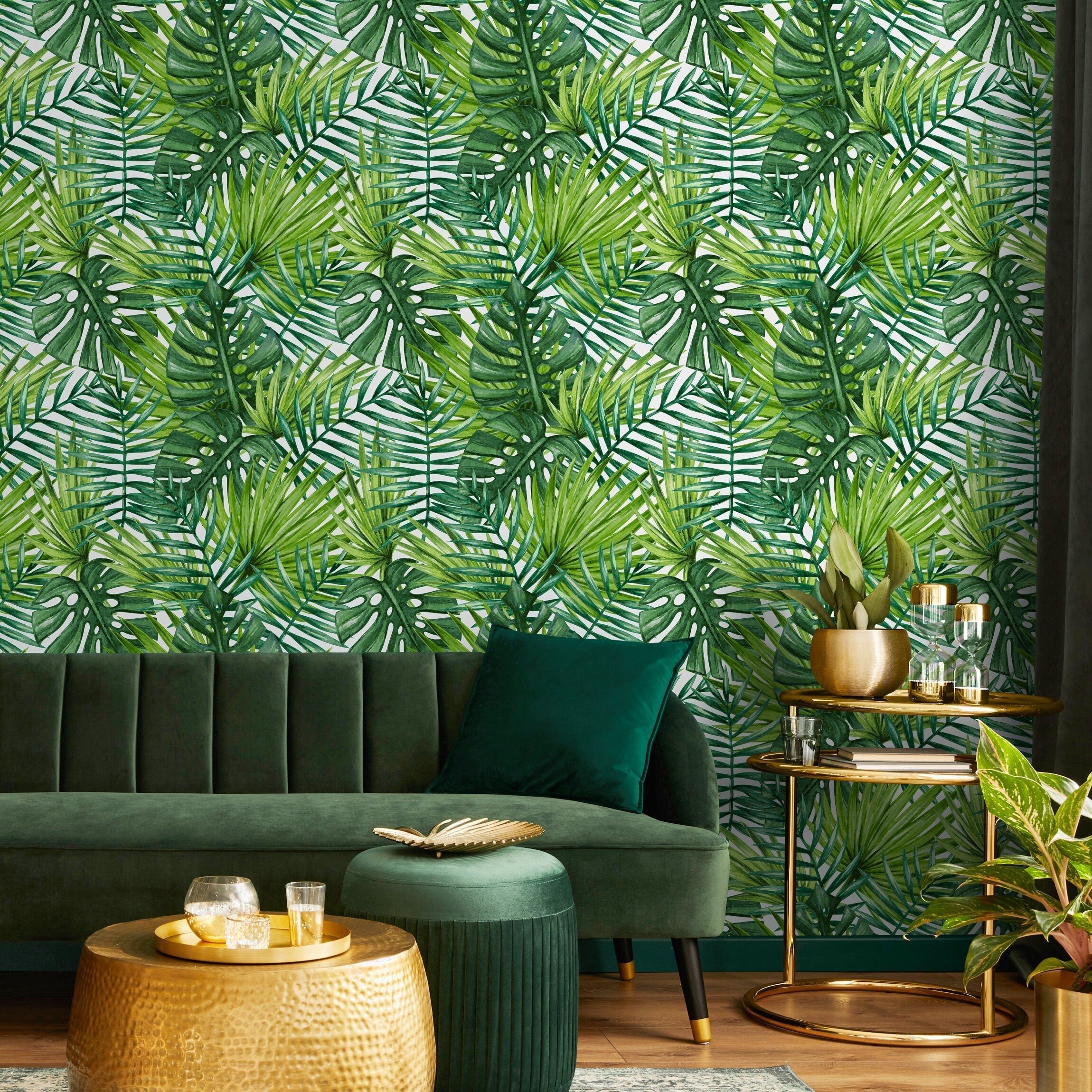 Tropical Wallpaper Featuring Lush Monstera And Palm Leaves In Green - A399