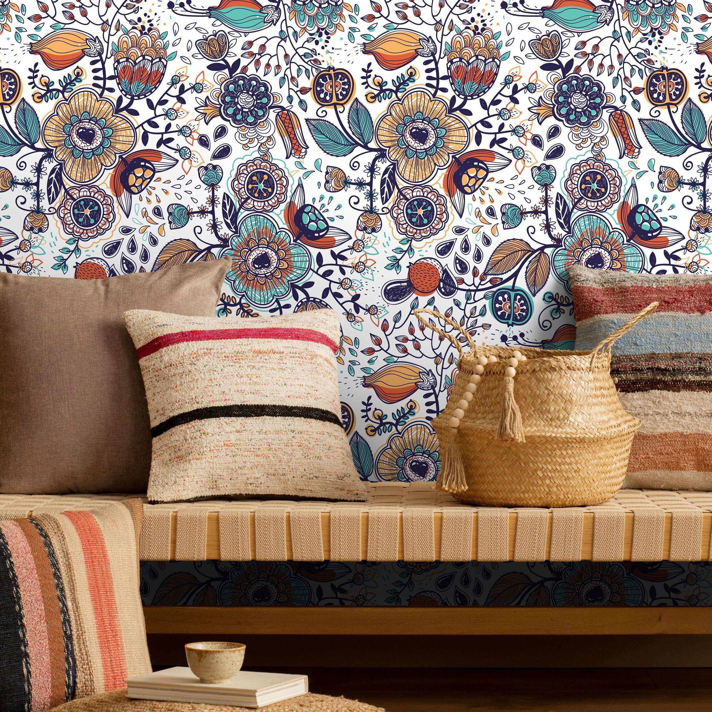 Botanical Wallpaper With Folk Art Florals In Teal, Orange, And Blue - A407