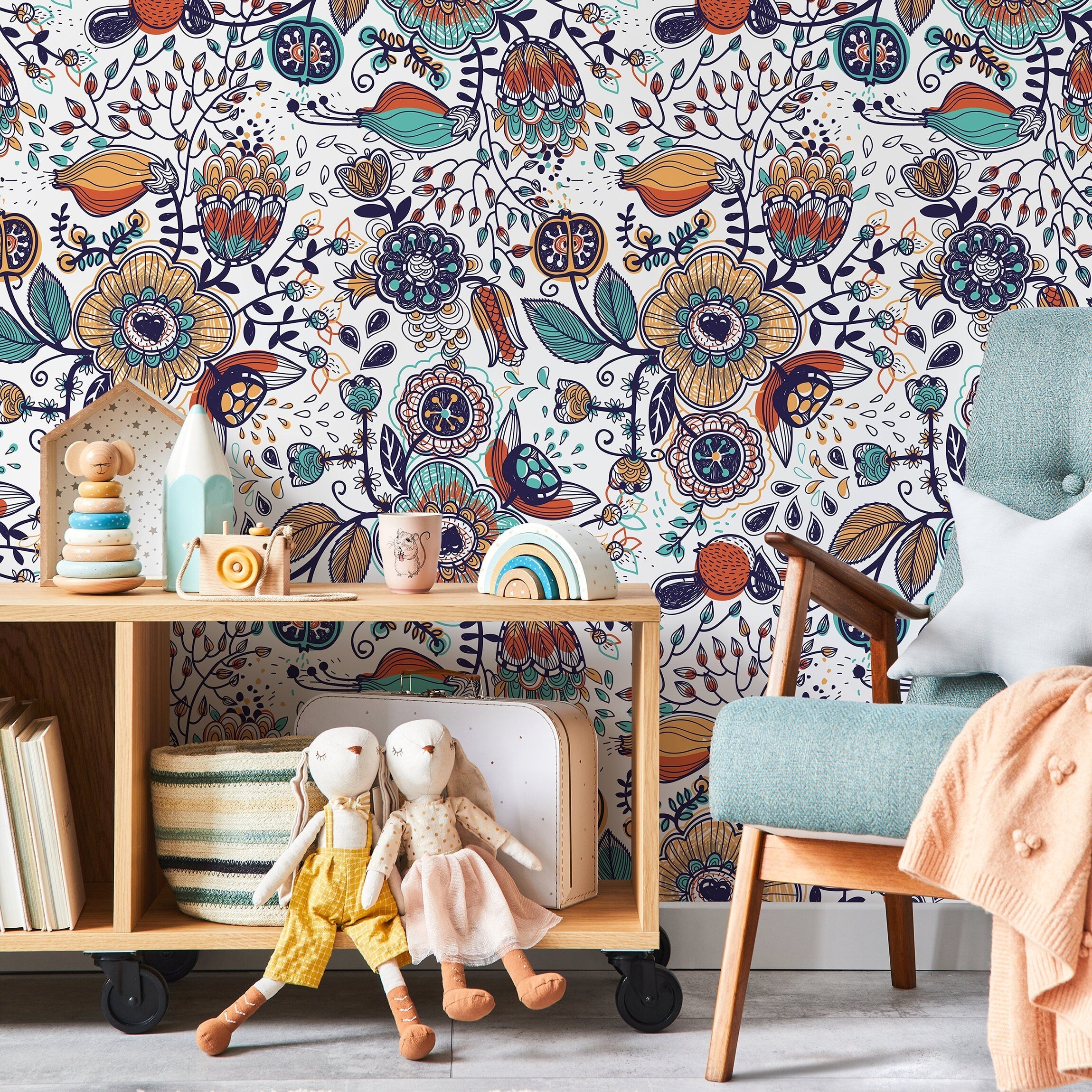 Botanical Wallpaper With Folk Art Florals In Teal, Orange, And Blue - A407