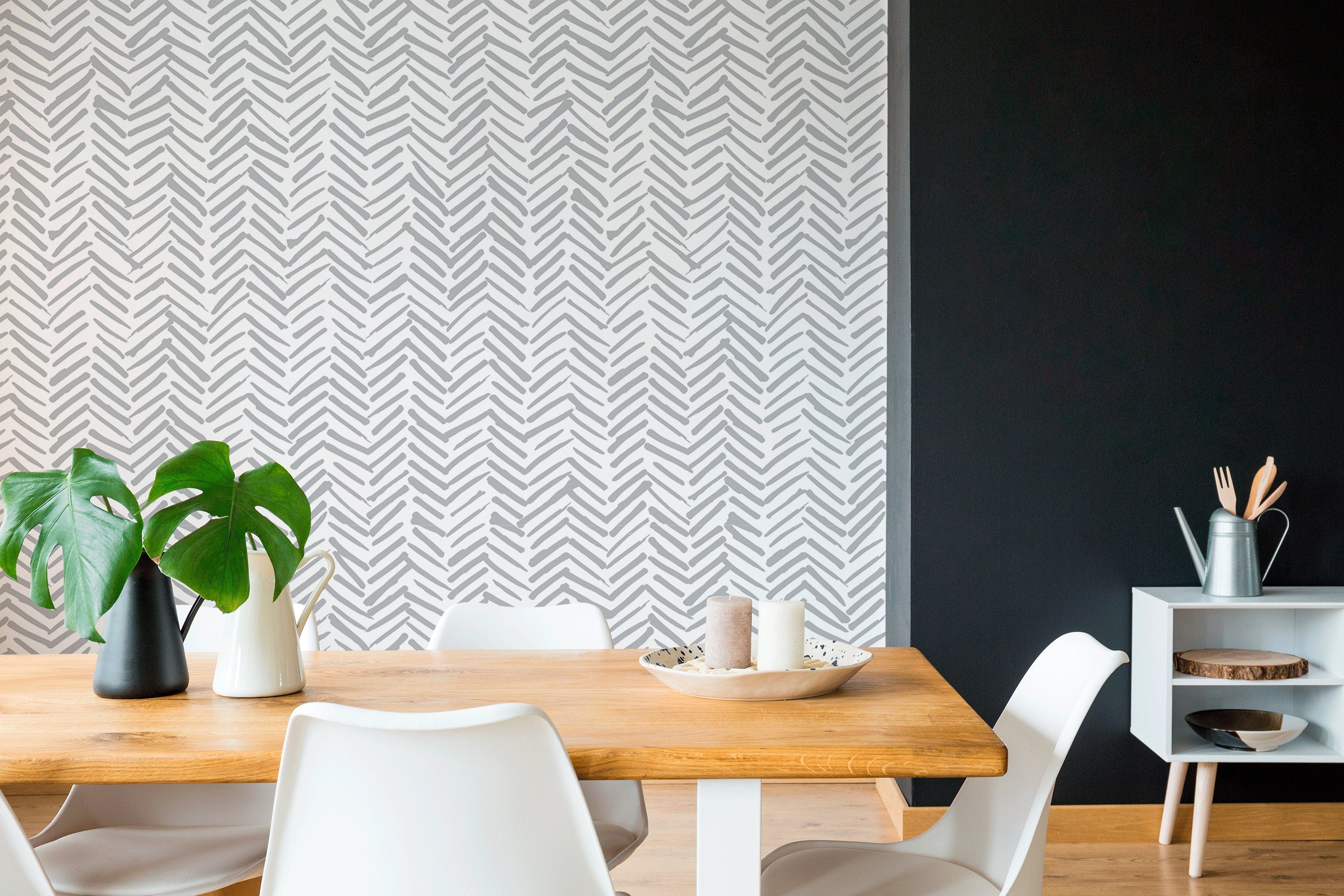 Herringbone Wallpaper With A Hand-drawn Motif In Grey - A408