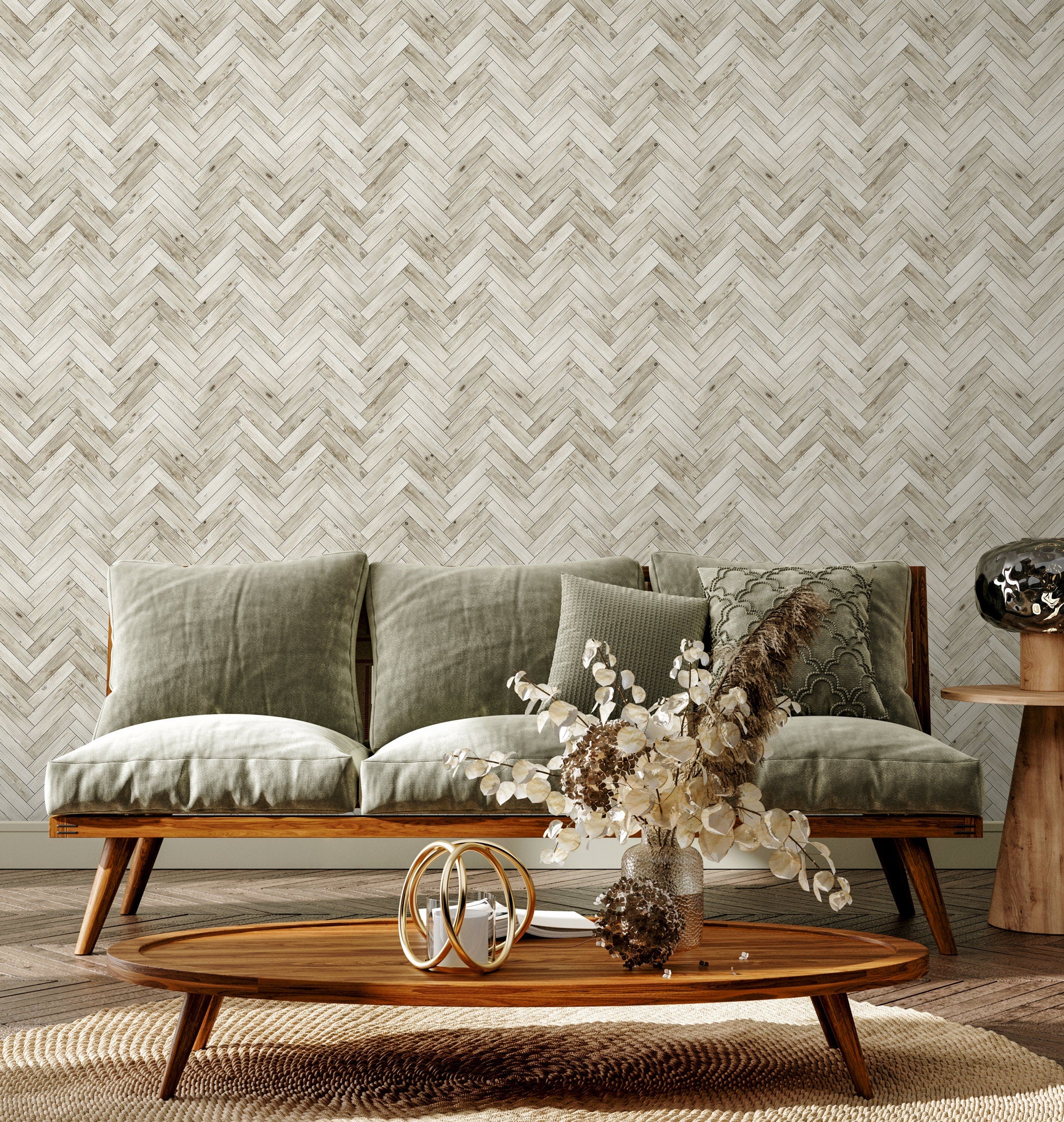 Wood Wallpaper With A Modern Herringbone Motif In Beige And Brown - A430