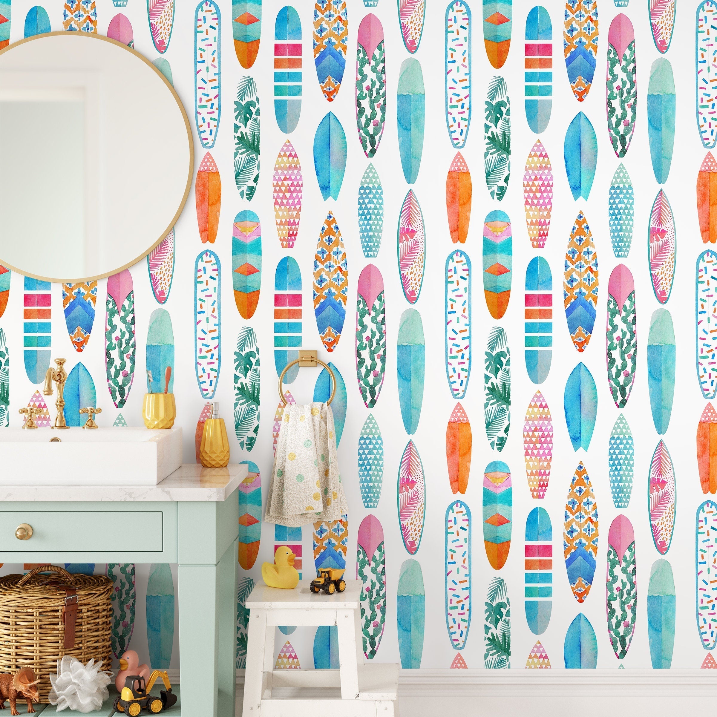 Coastal Wallpaper Featuring A Watercolor Surfboard Pattern In Blue, Pink, And Orange - A431