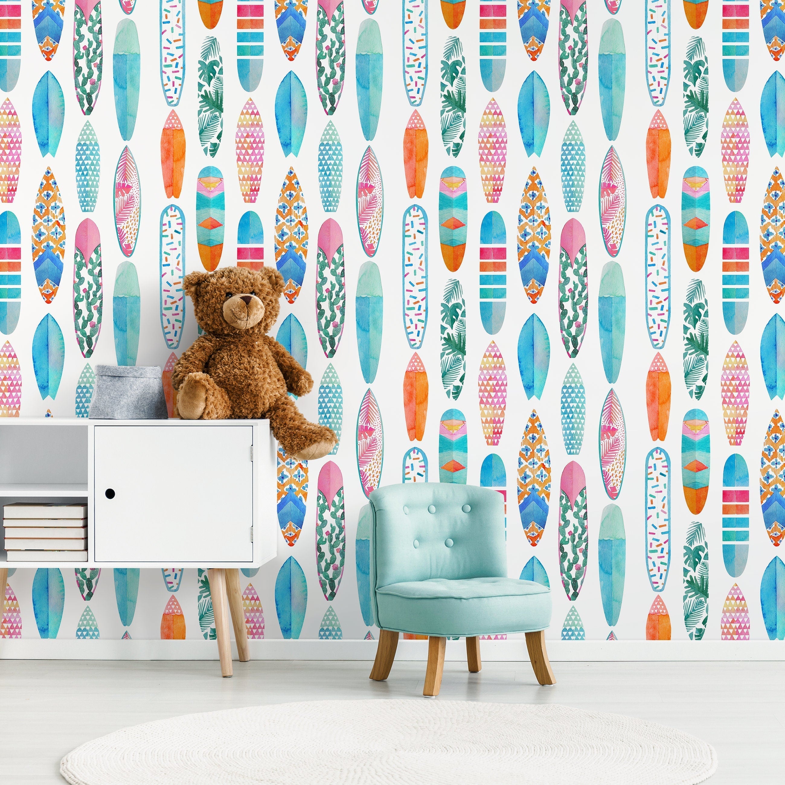 Coastal Wallpaper Featuring A Watercolor Surfboard Pattern In Blue, Pink, And Orange - A431