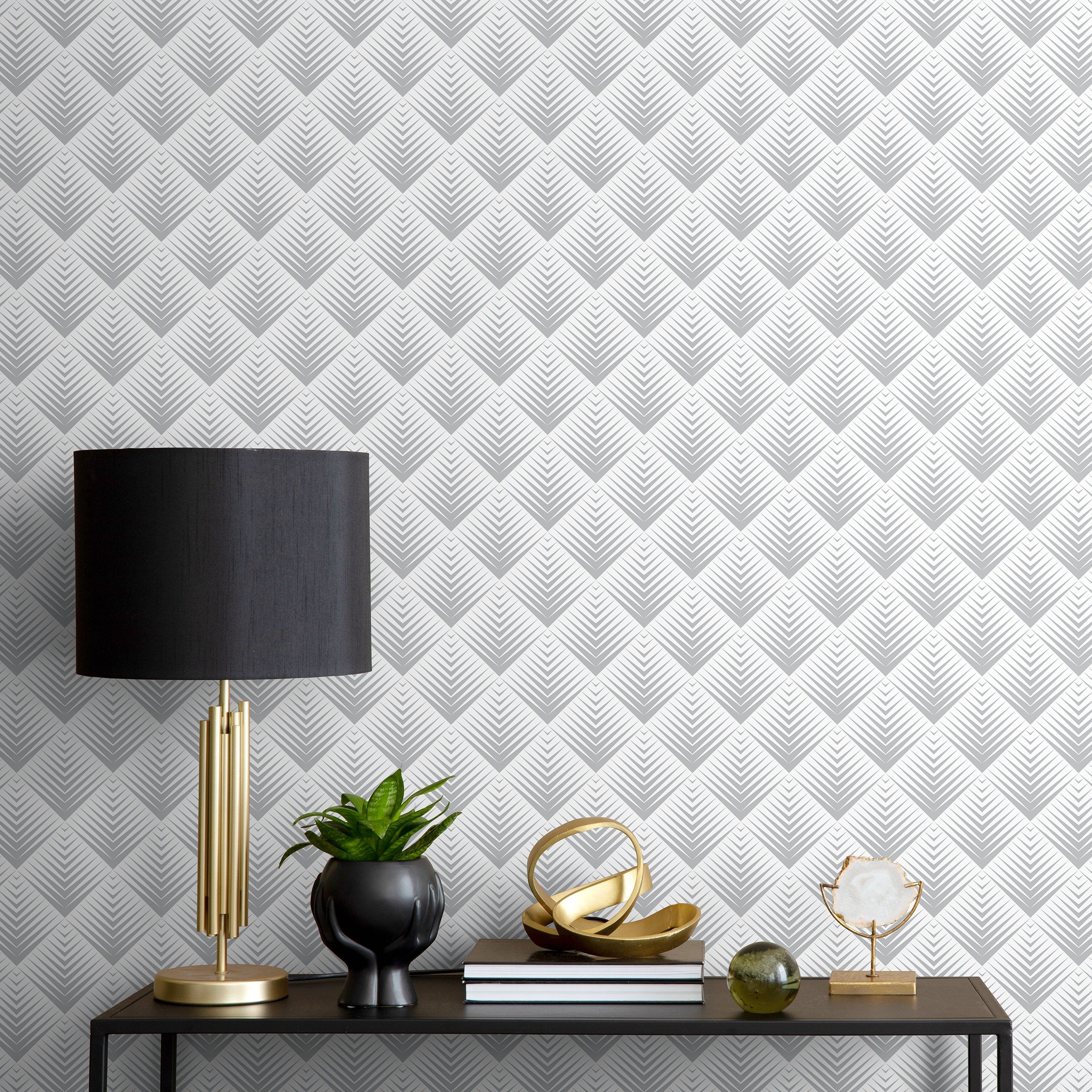 Art Deco Wallpaper With A Fanned Geometric Motif In Grey - A432