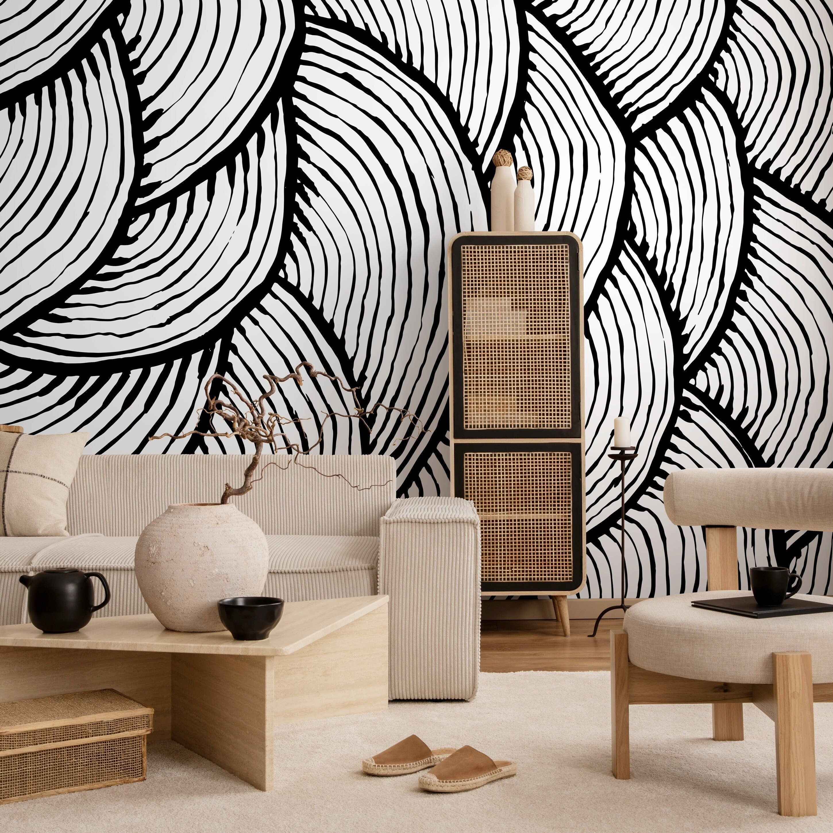 Abstract Wallpaper With Bold Layered Lines In Black And White - A435