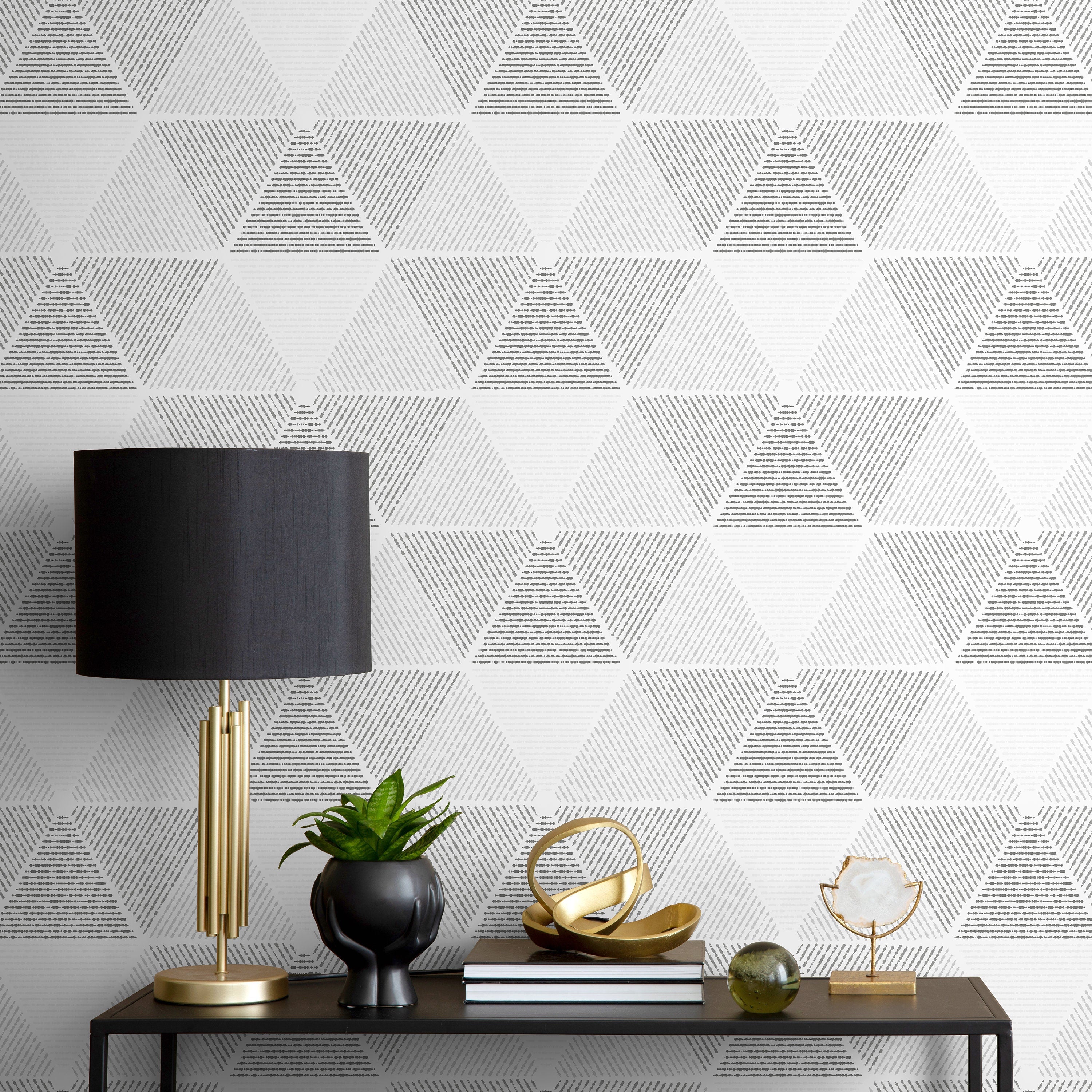 Geometric Wallpaper With A Textured Triangle Motif In Black, Gray, And White - A438