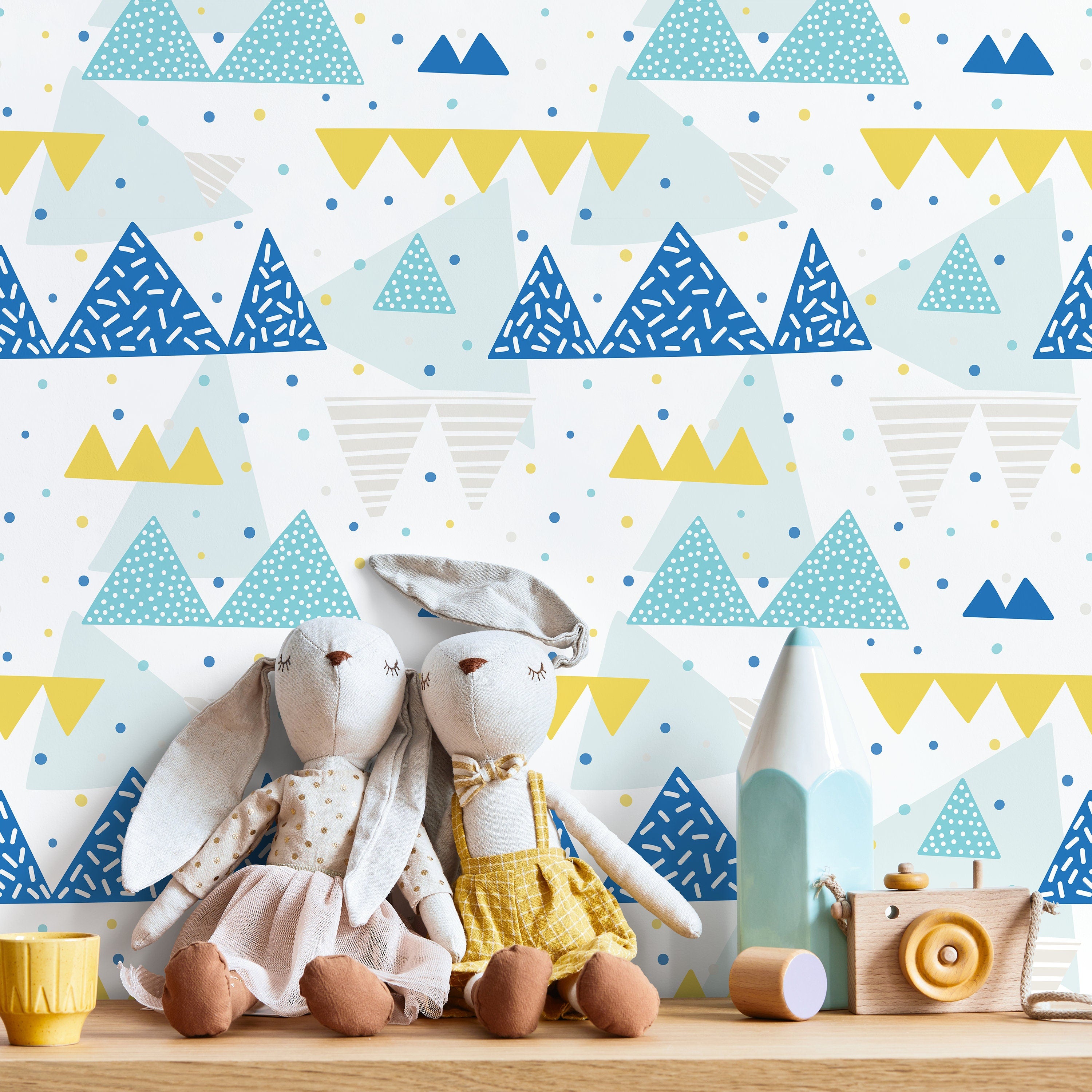 Mountain Wallpaper With A Geometric Peak Motif In Blue, Yellow, And Gray - A442