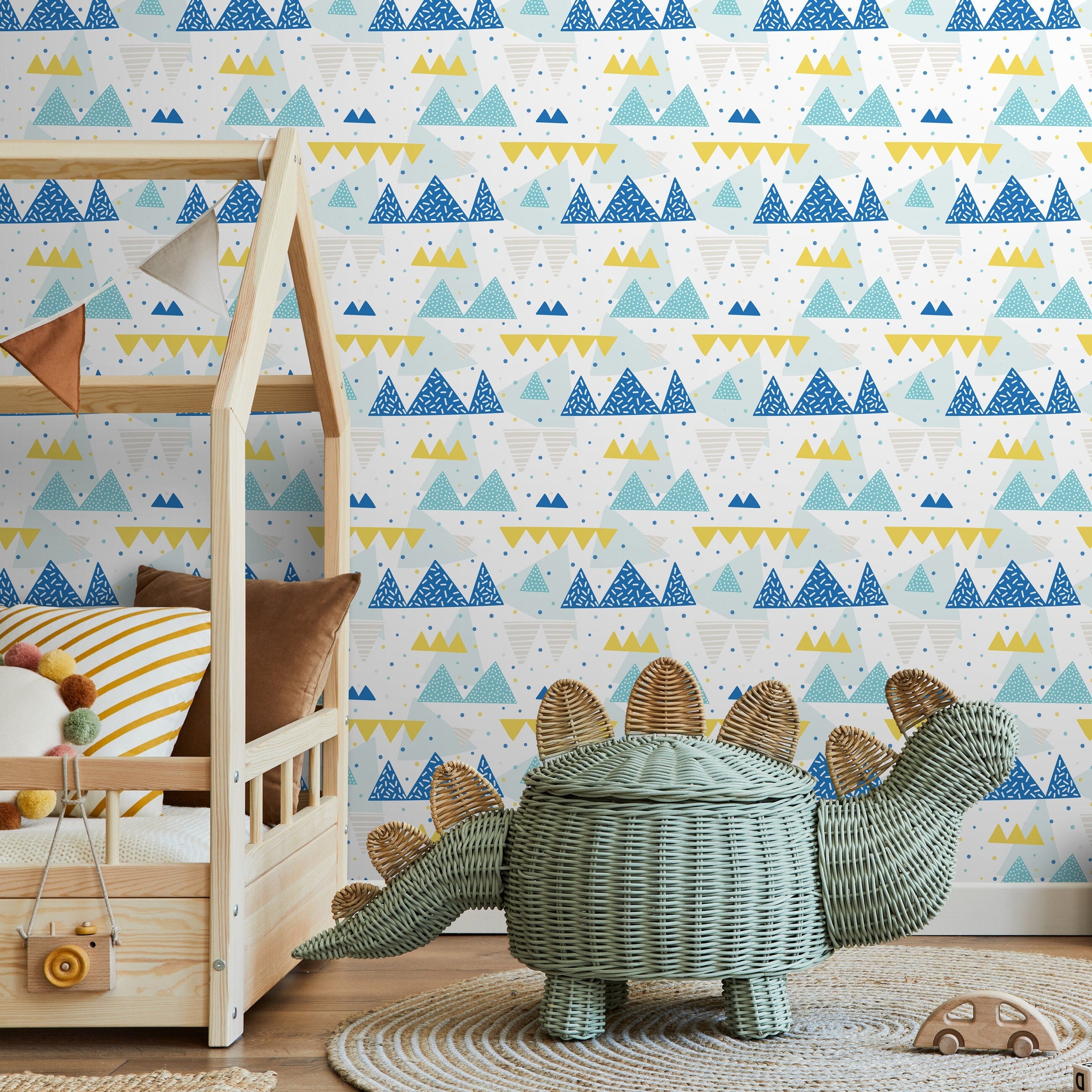 Mountain Wallpaper With A Geometric Peak Motif In Blue, Yellow, And Gray - A442