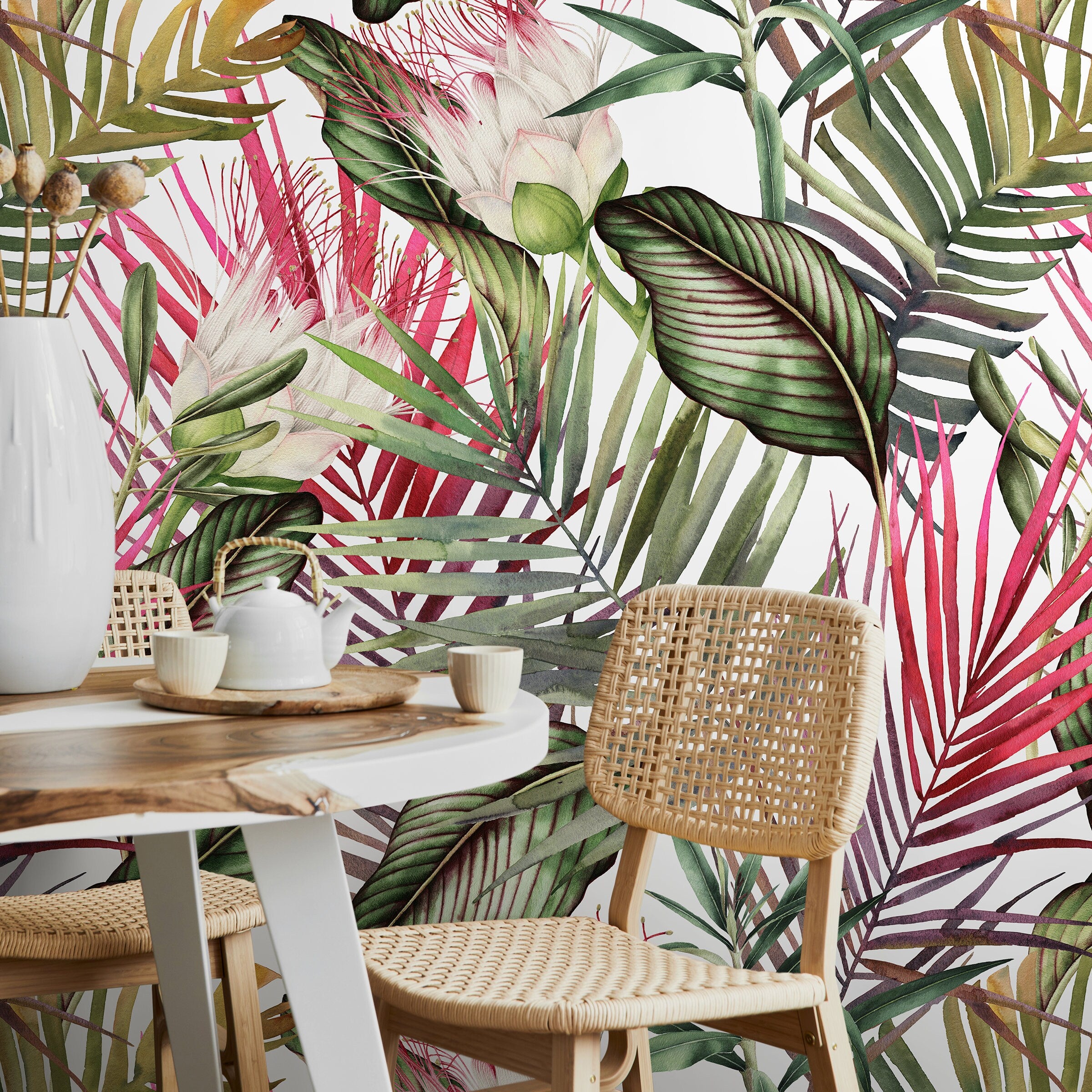 Tropical Wallpaper With Lush Jungle Leaves In Red, Green, And Purple - A444