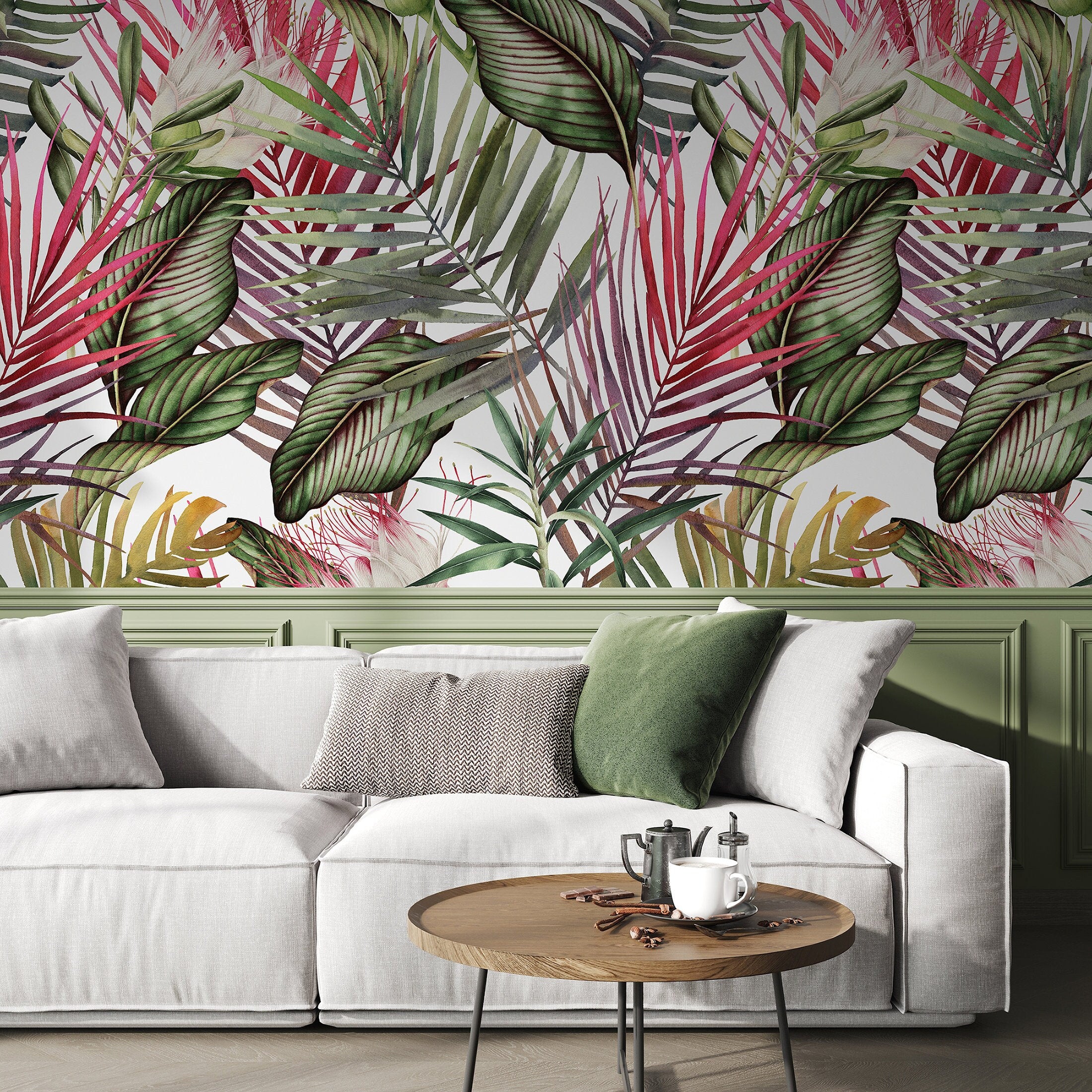 Tropical Wallpaper With Lush Jungle Leaves In Red, Green, And Purple - A444