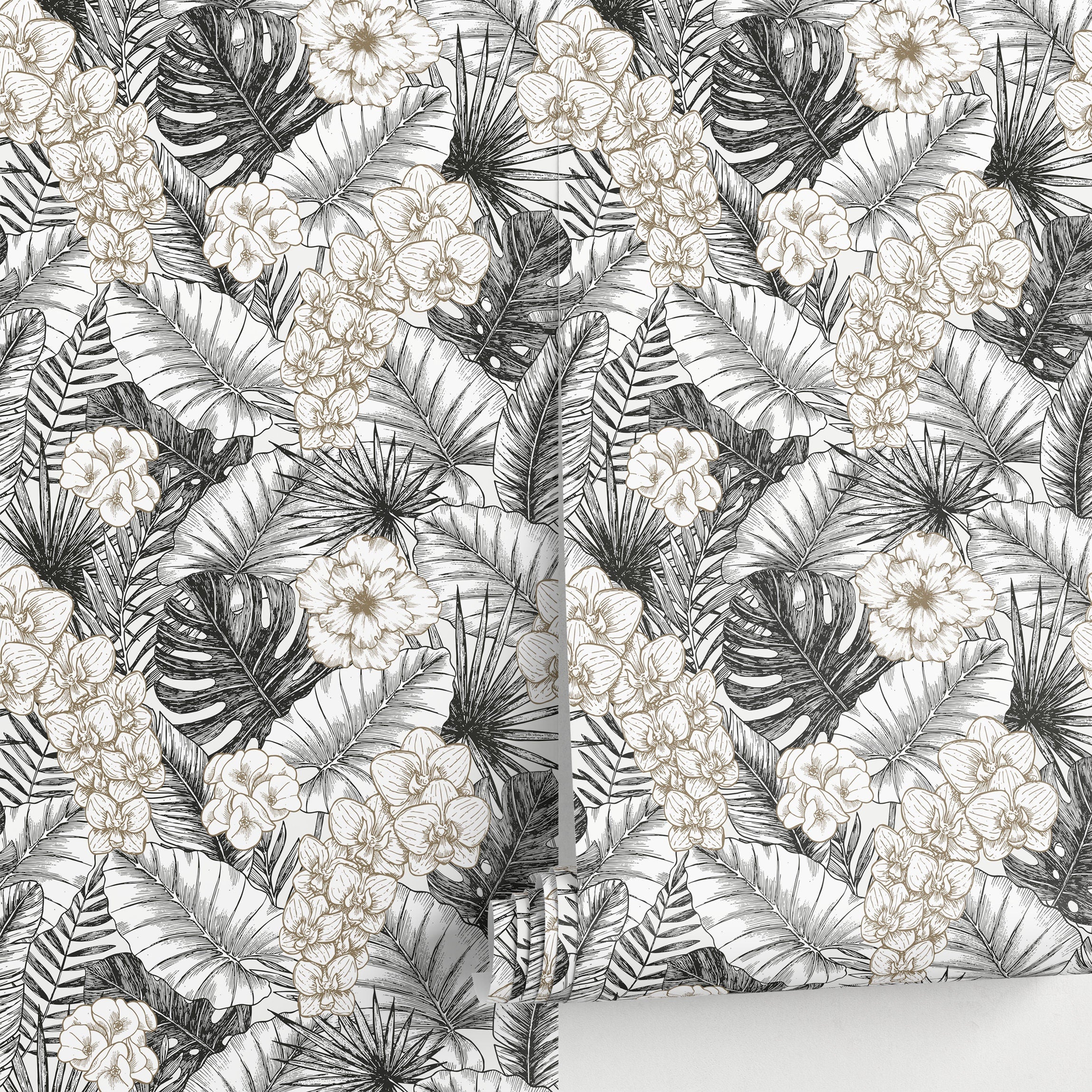 Tropical Wallpaper With Engraved Leaves And Flowers In Black And Gold - A446