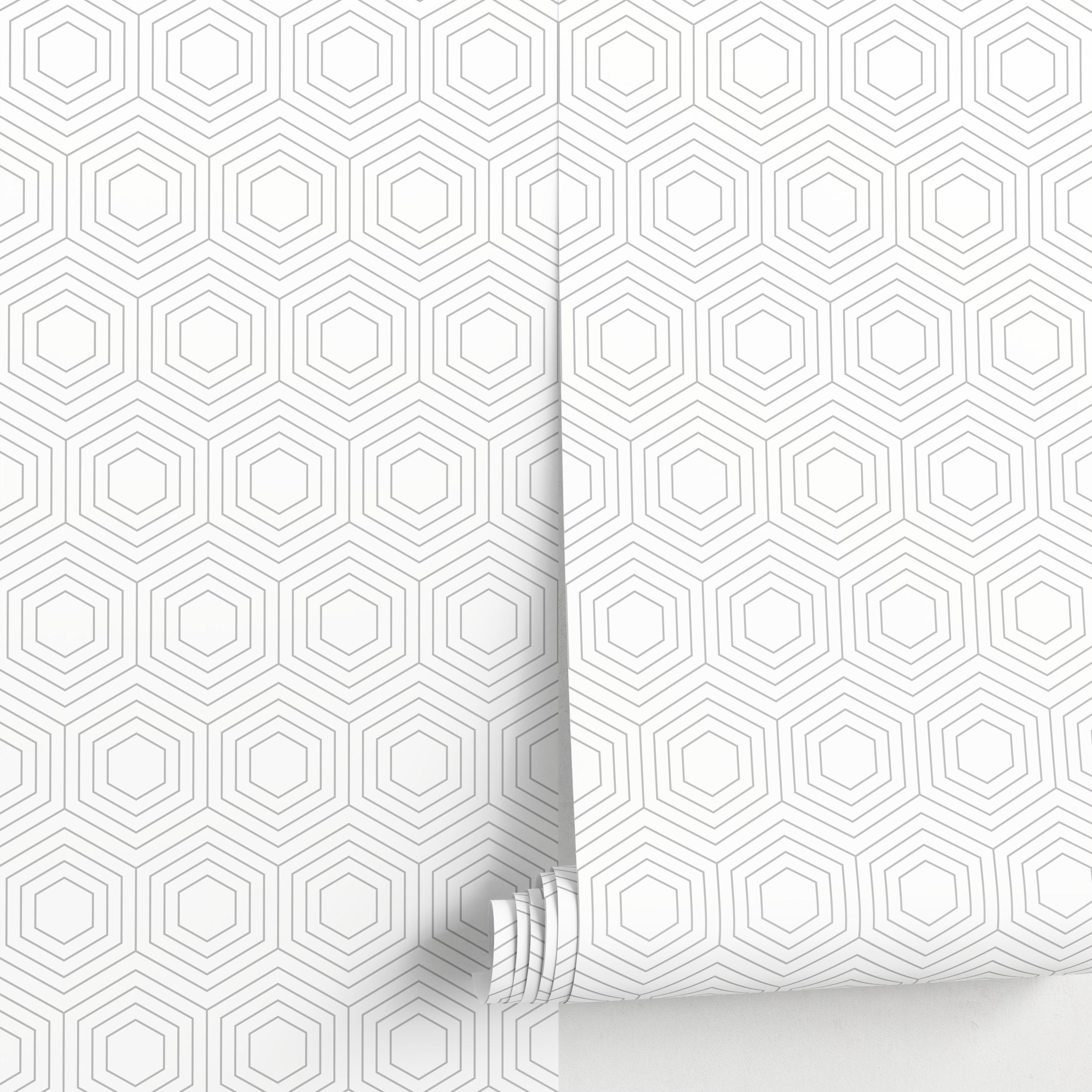 Geometric Wallpaper With A Minimalist Hexagon Line Art In Gray - A453