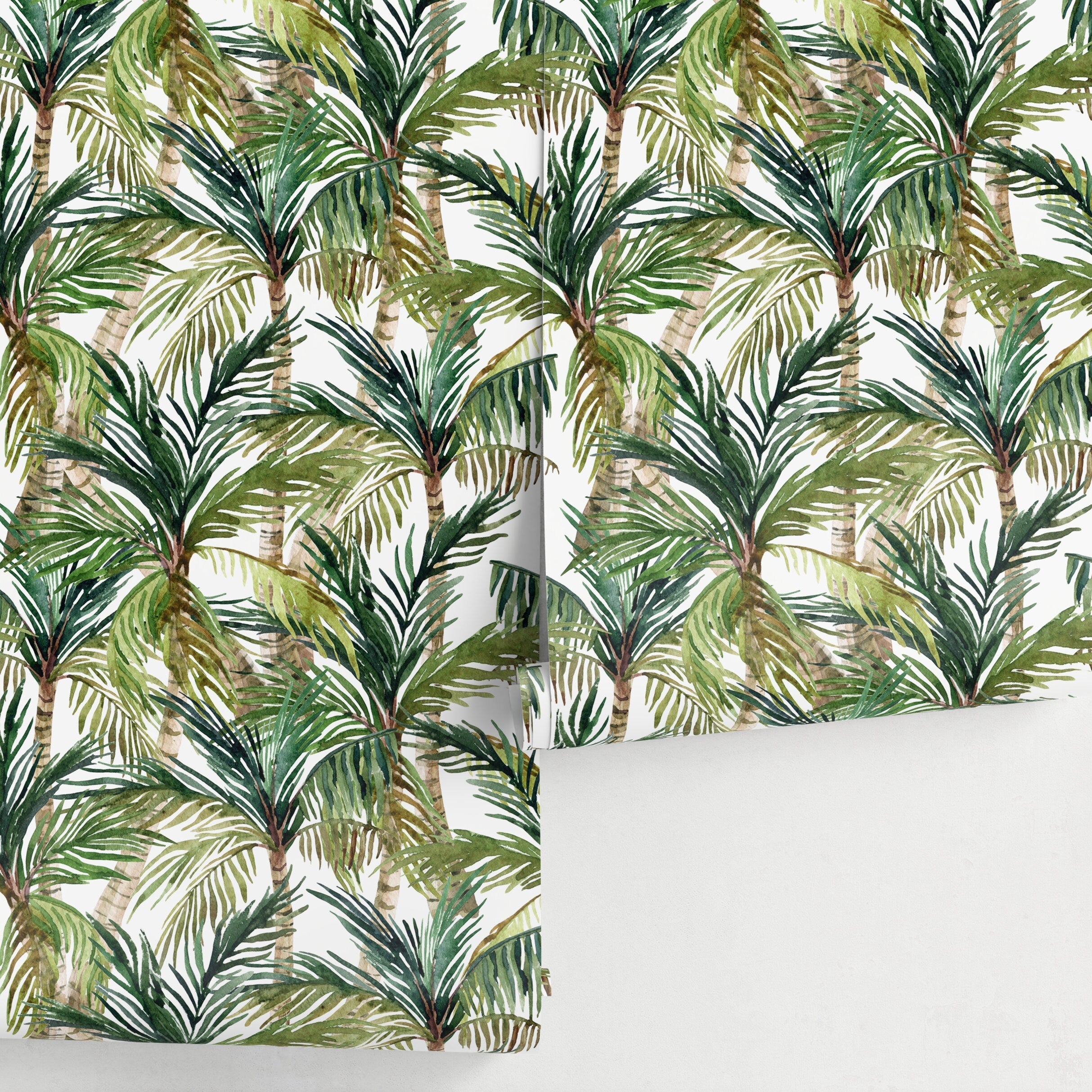 Tropical Wallpaper With A Watercolor Palm Tree Motif In Green And Brown - A459