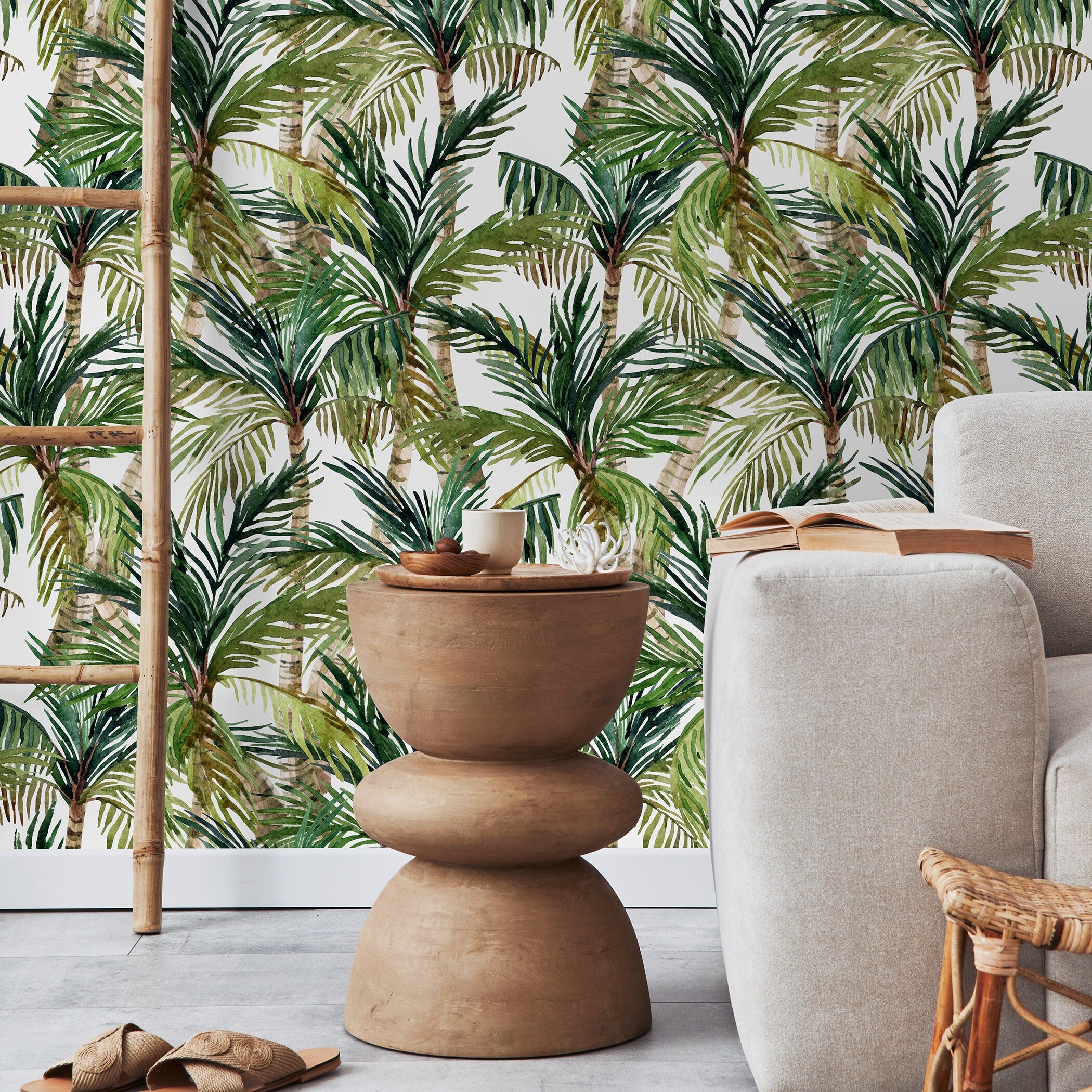 Tropical Wallpaper With A Watercolor Palm Tree Motif In Green And Brown - A459
