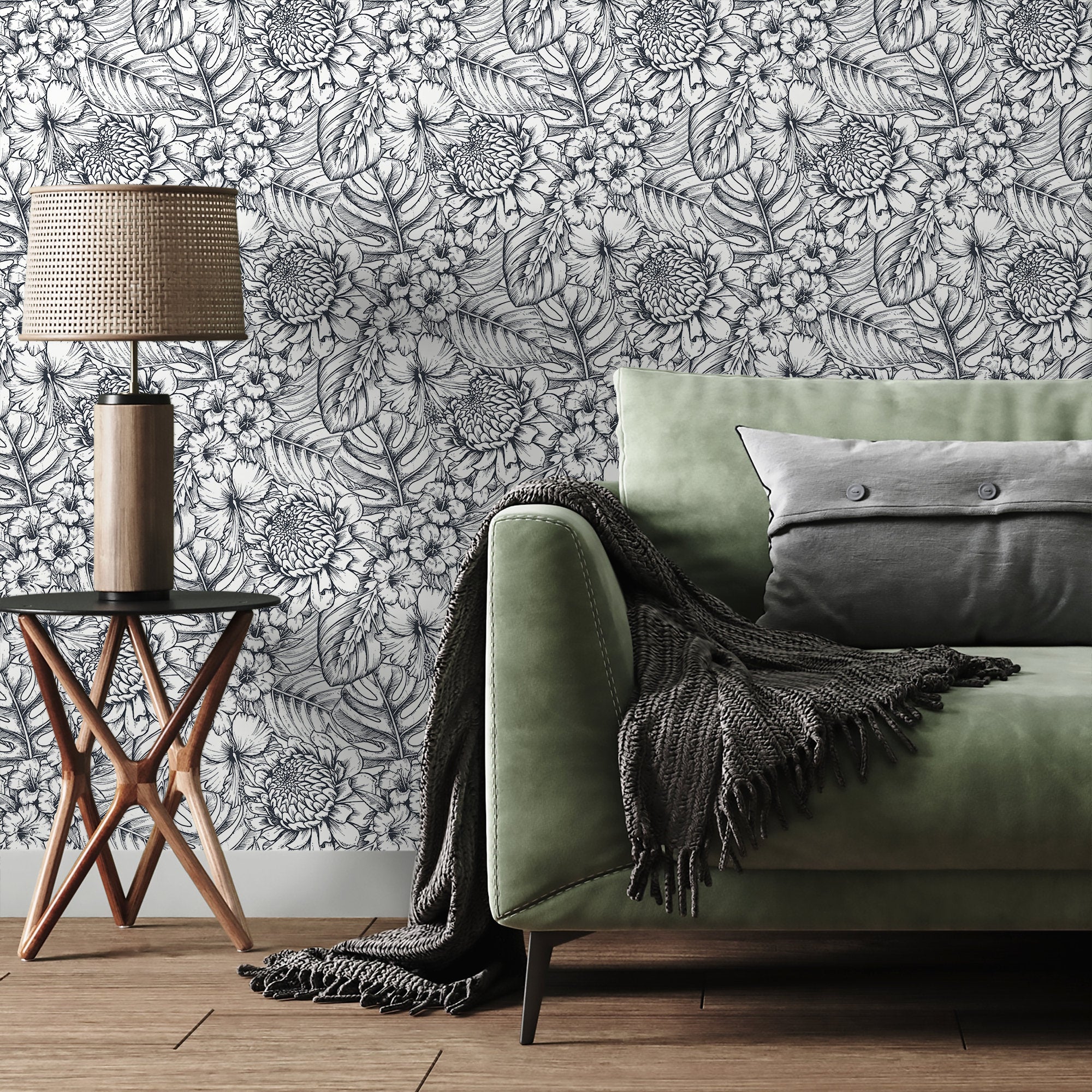 Floral Wallpaper With Hand-drawn Tropical Flowers In Black And White - A462