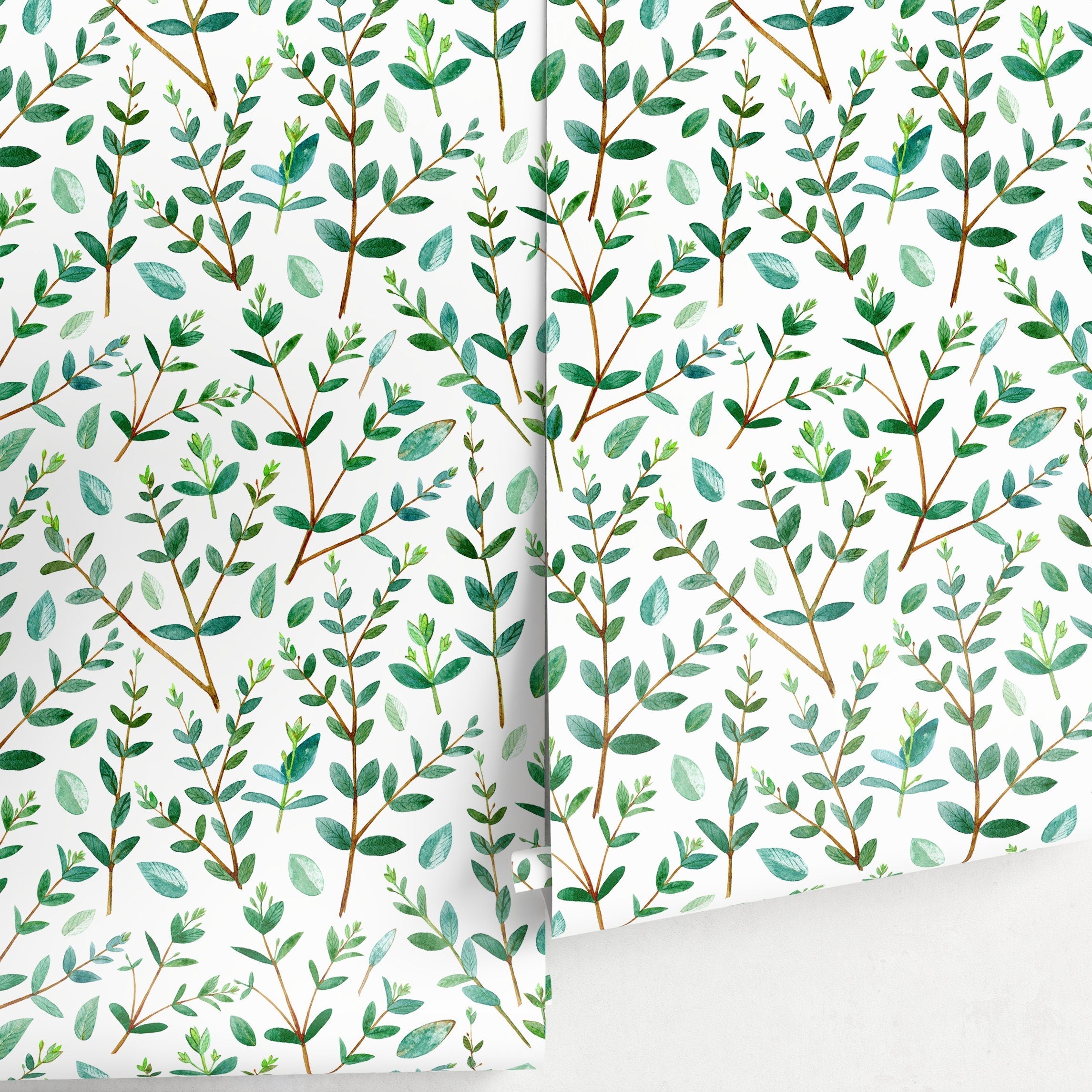 Botanical Wallpaper With Watercolor Leafy Branches In Green And Brown - A463