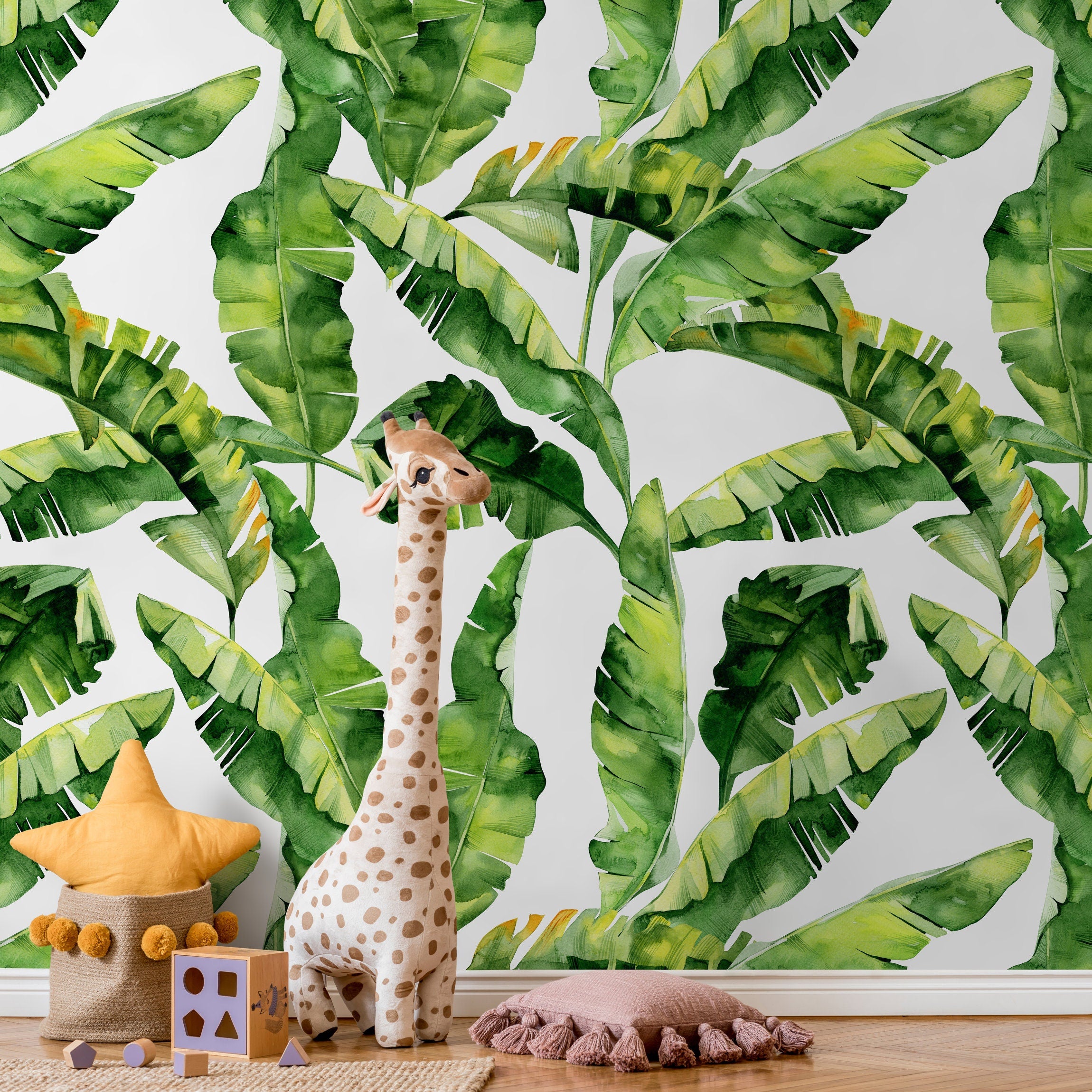 Tropical Wallpaper With A Banana Leaf Motif In Green And Yellow - A466