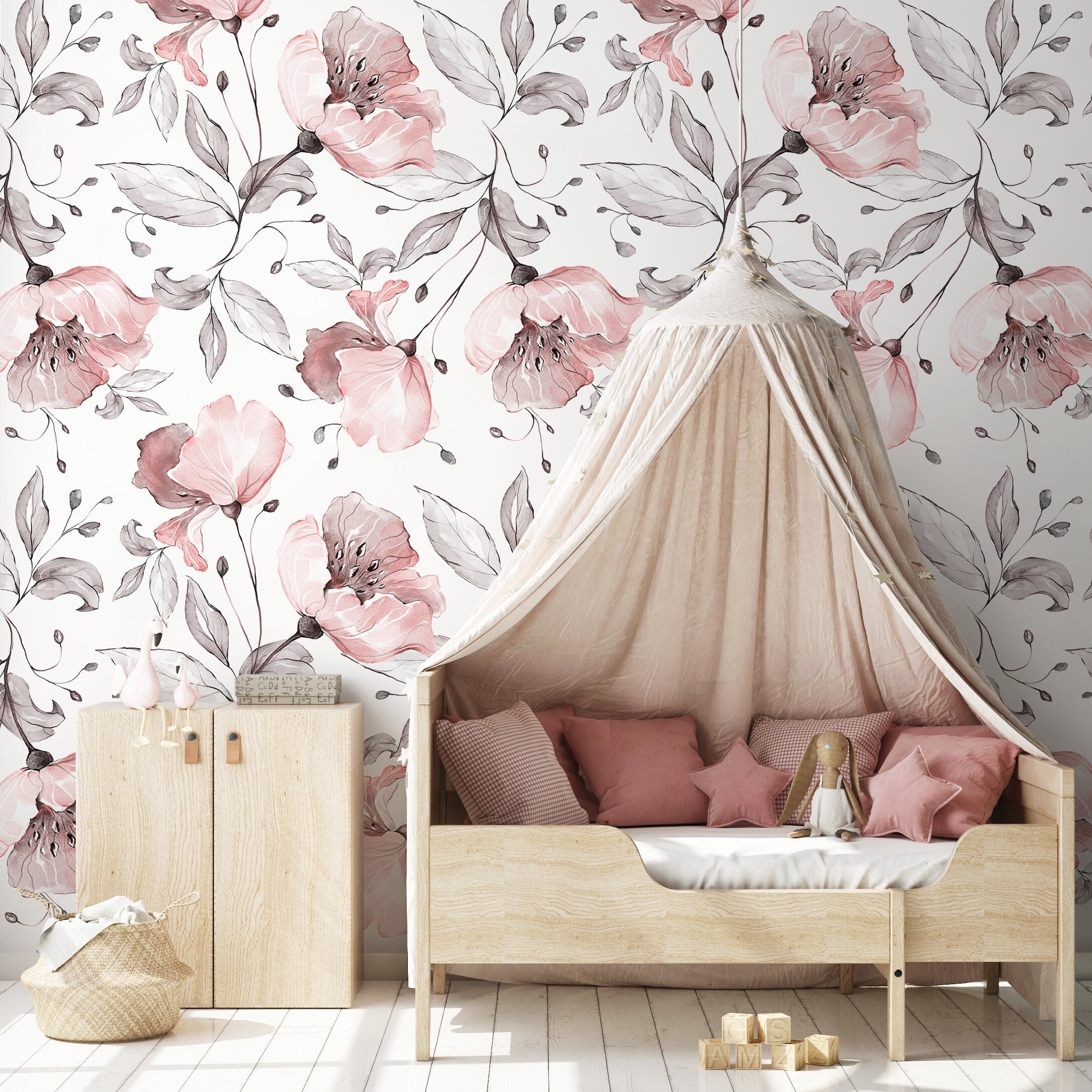 Floral Wallpaper With Elegant Watercolor Blooms In Pink And Gray - A477