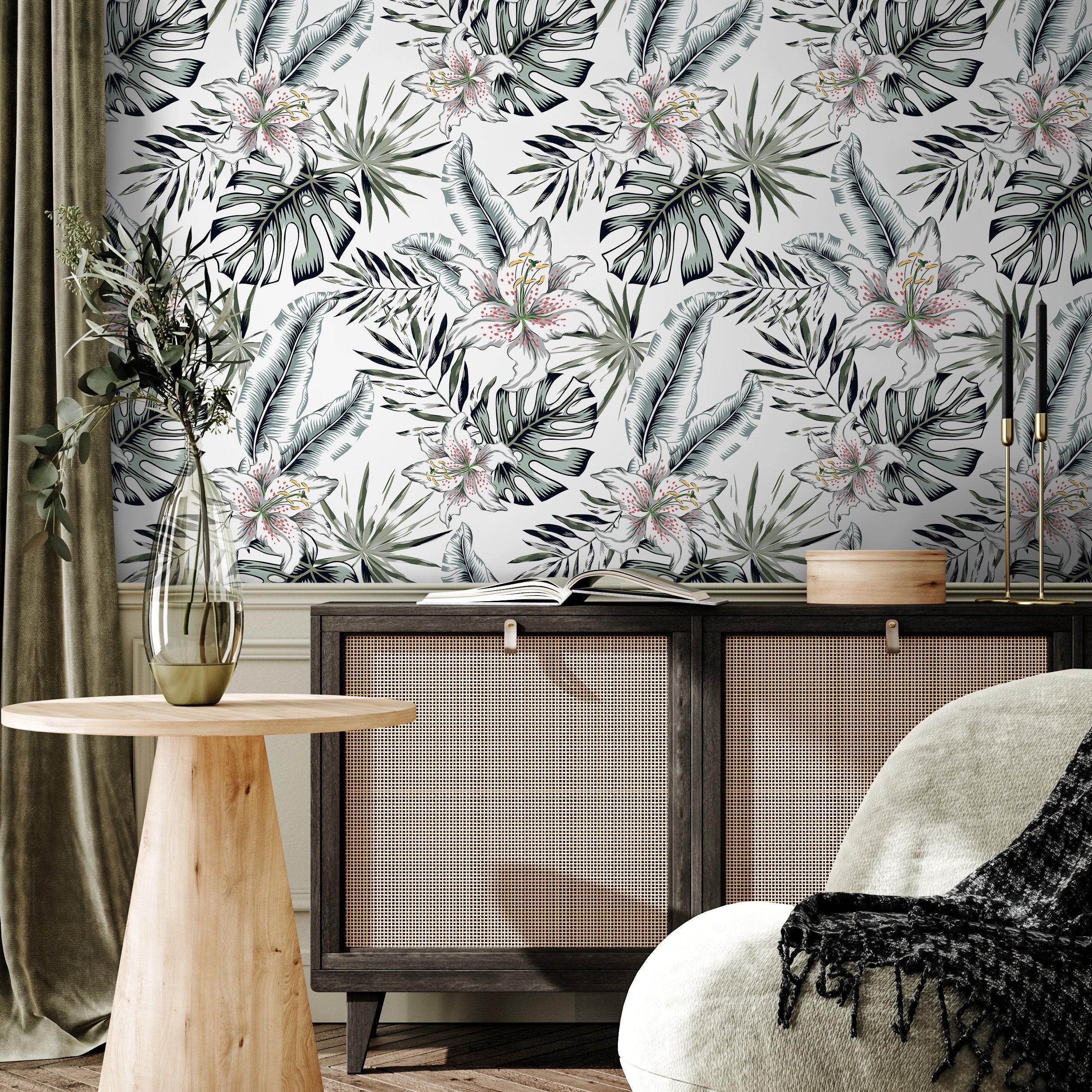 Tropical Wallpaper With Lilies And Palm Leaves In Green And Pink - A478