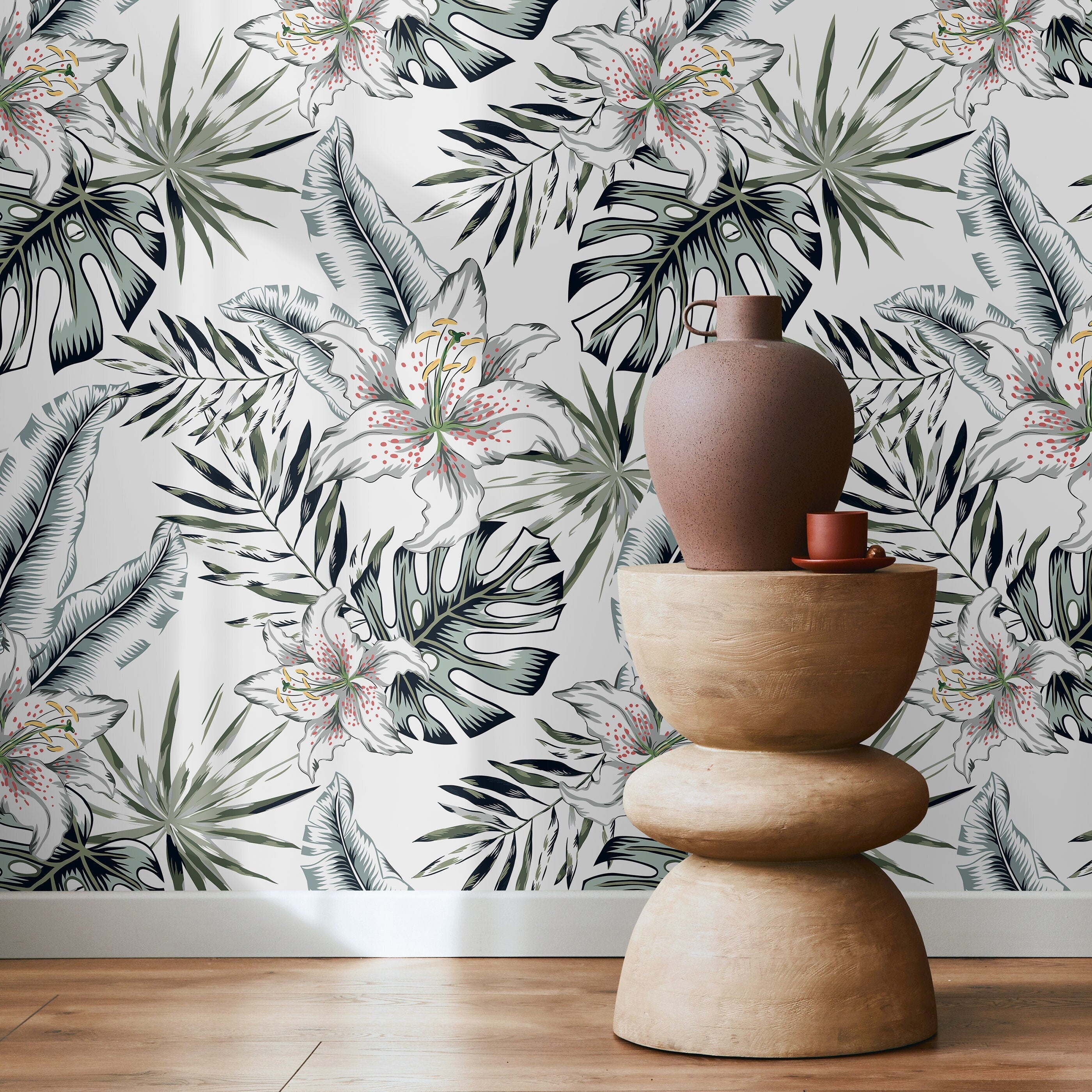 Tropical Wallpaper With Lilies And Palm Leaves In Green And Pink - A478