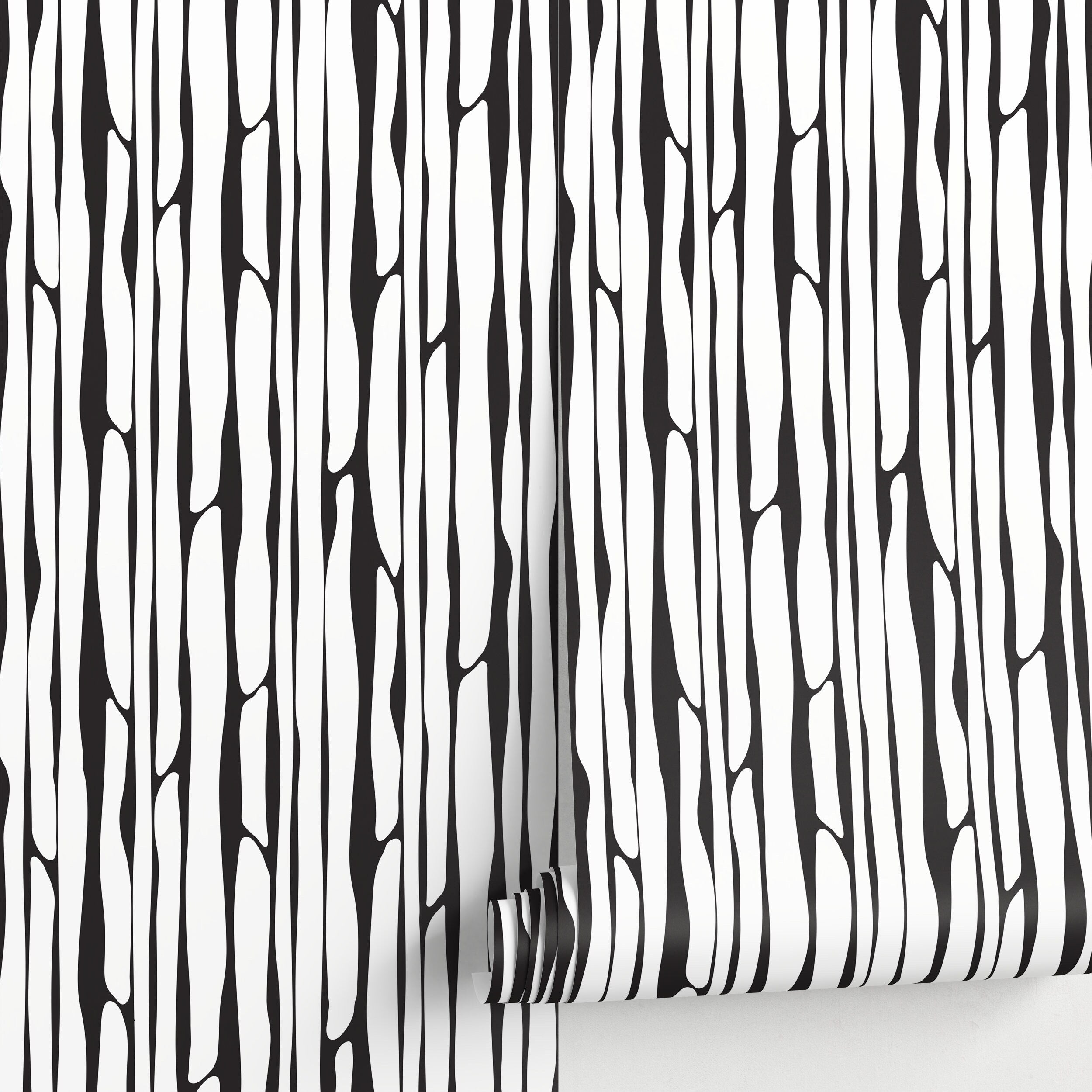 Abstract Wallpaper With Wavy Vertical Stripes In Black And White - A482