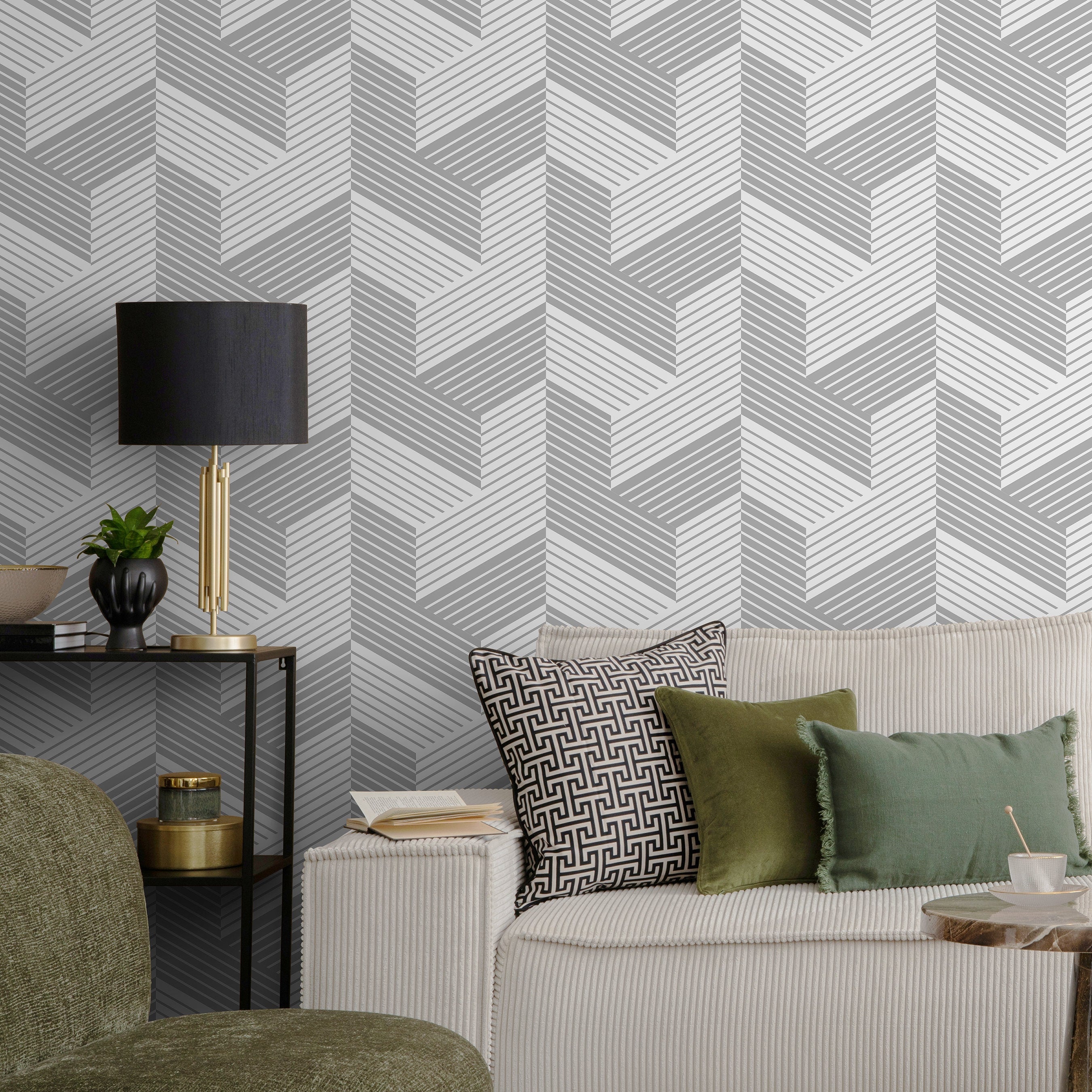 Geometric Wallpaper With A Lined 3d Block Motif In Grey - A484