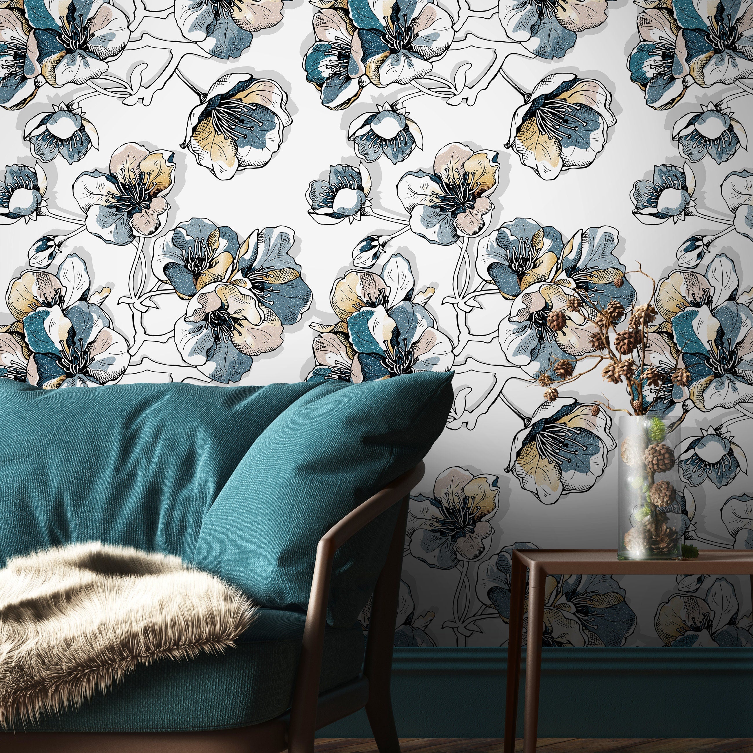 Floral Wallpaper With A Hand-drawn Sketch Motif In Blue, Yellow, And Pink - A488