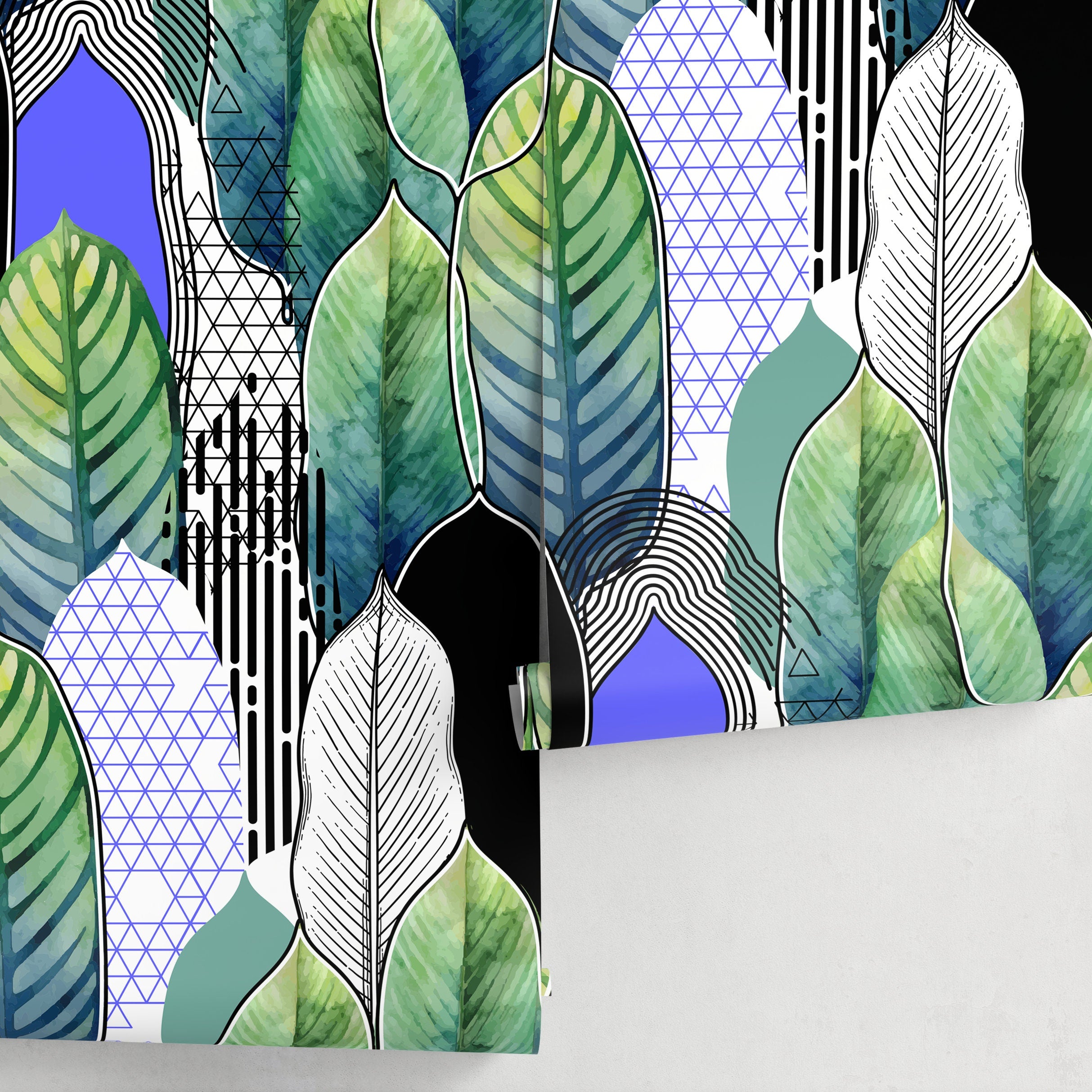 Botanical Wallpaper With Abstract And Geometric Leaves In Green, Blue, And Black - A502