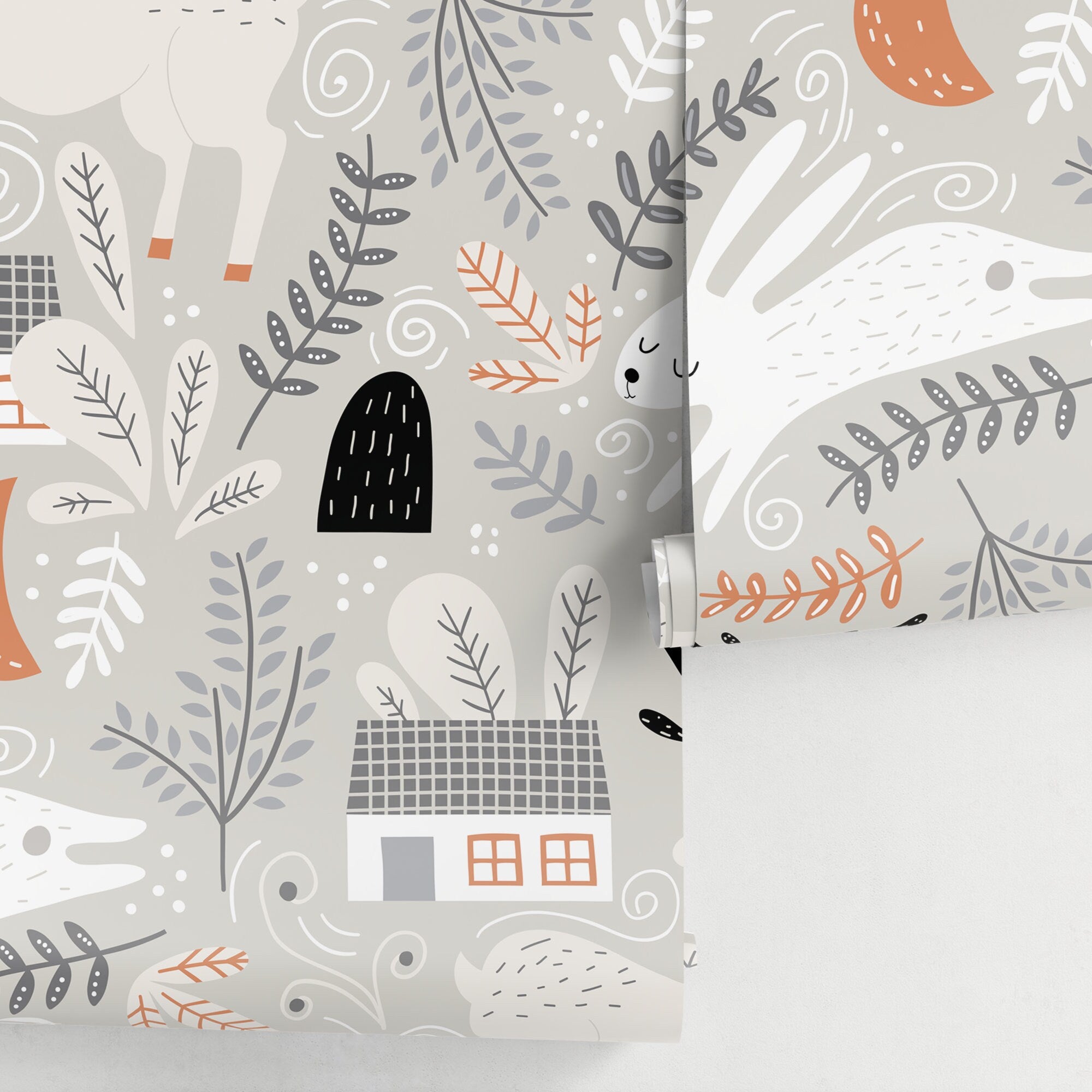 Animal Wallpaper With Deer, Rabbits, And Woodland Homes In Gray, Orange, And Black - A508