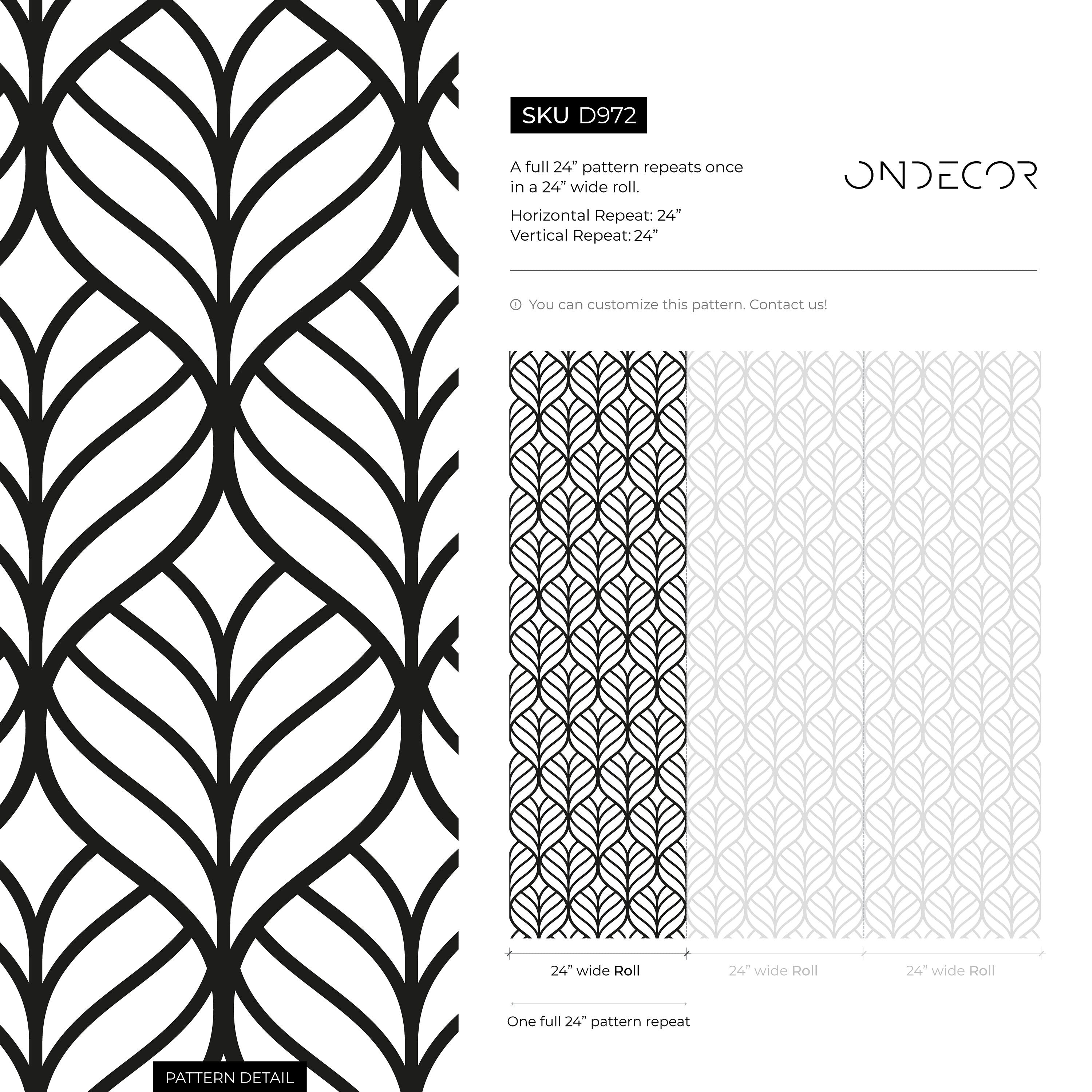Geometric Wallpaper With A Stylized Leaf Motif In Black And White - D972