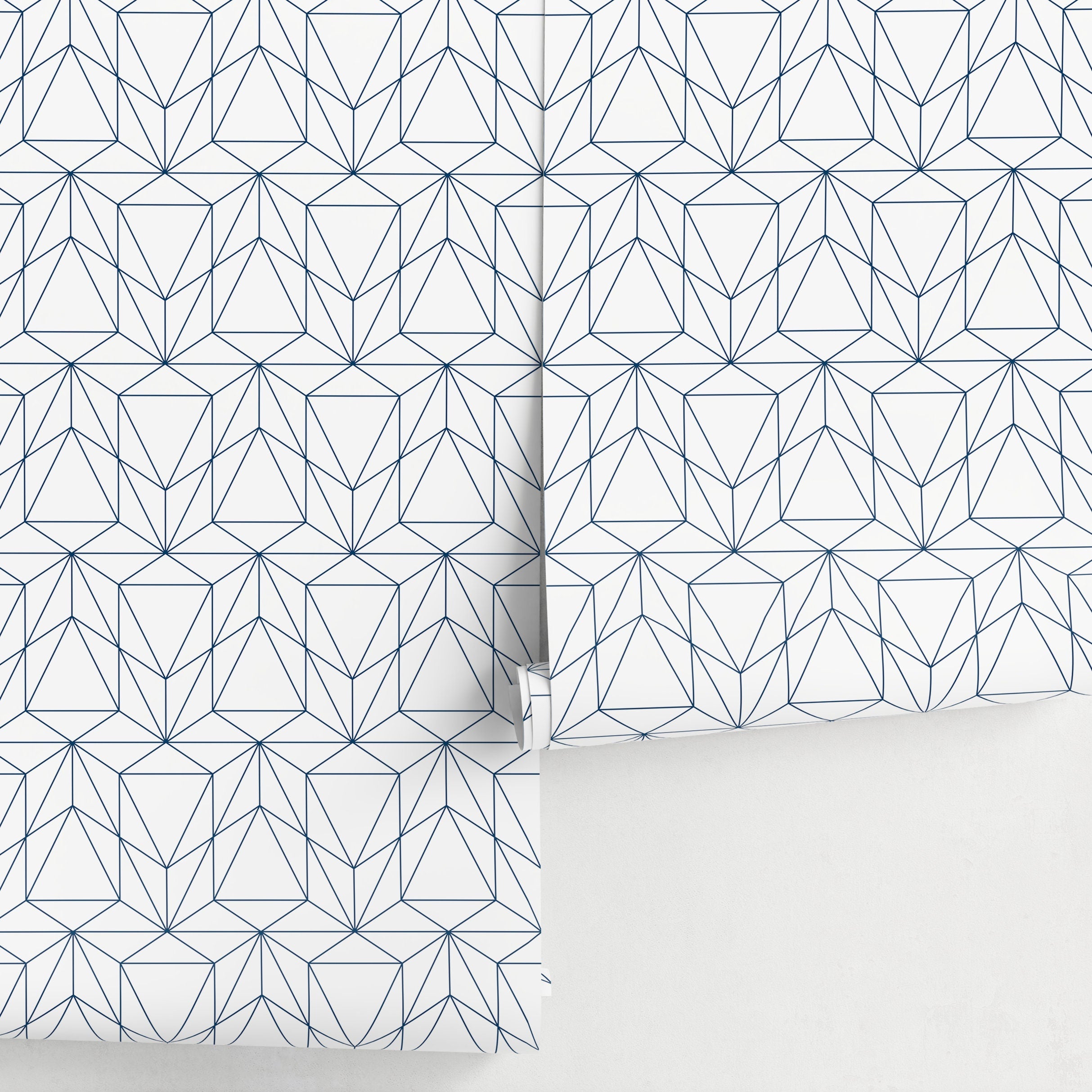 Geometric Wallpaper With A Prismatic Line Motif In Navy Blue - A511