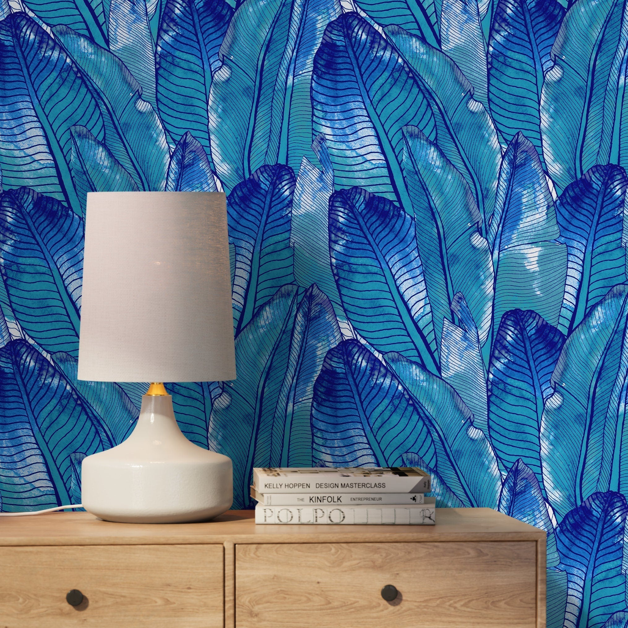 Tropical Wallpaper With Layered Banana Leaves In Blue And Turquoise - A513