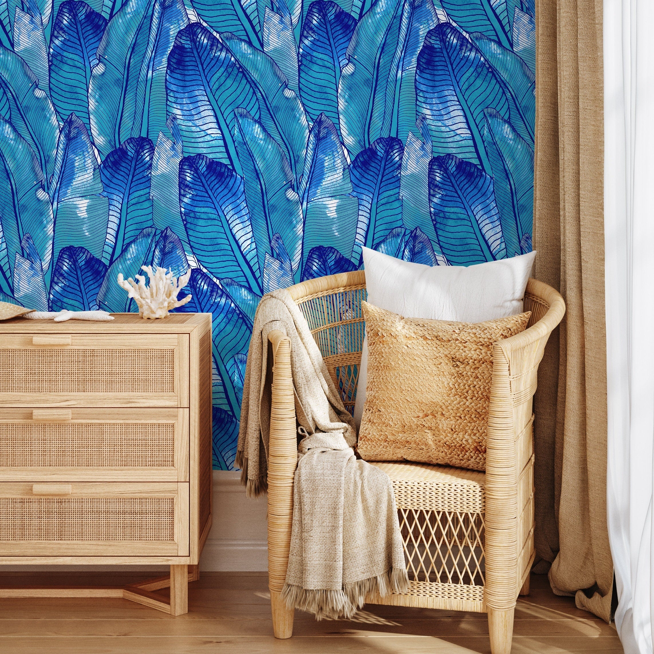 Tropical Wallpaper With Layered Banana Leaves In Blue And Turquoise - A513