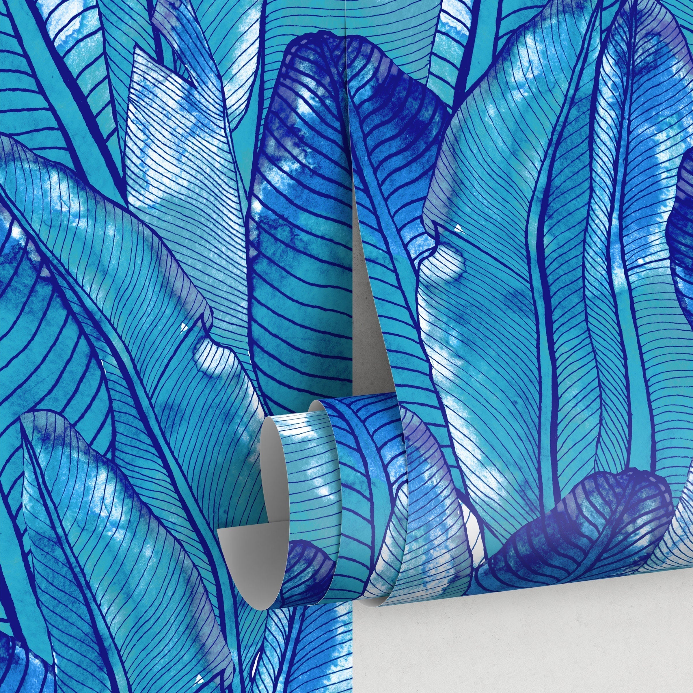 Tropical Wallpaper With Layered Banana Leaves In Blue And Turquoise - A513