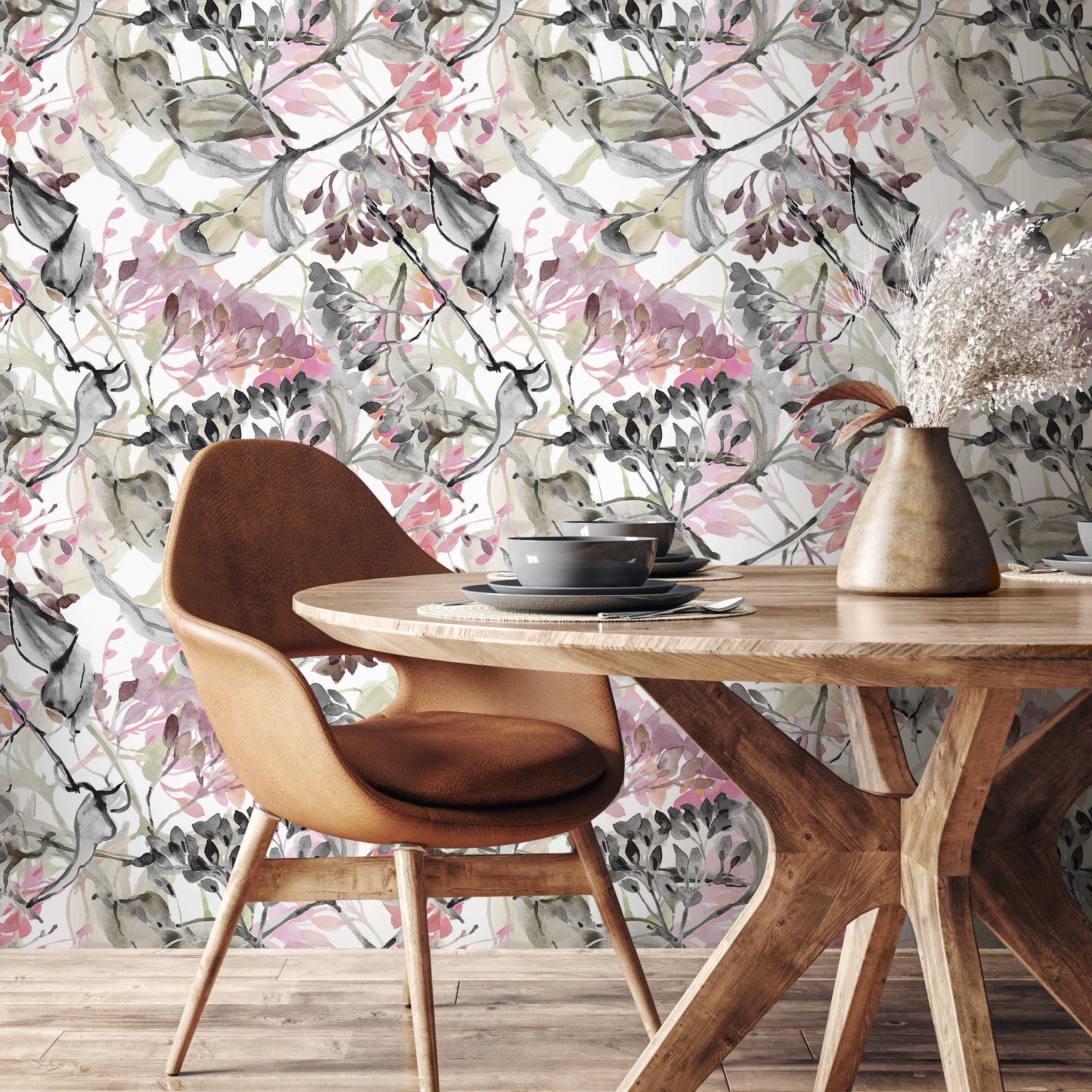Botanical Wallpaper With An Abstract Watercolor Branch Motif In Pink, Black, And Green - A517