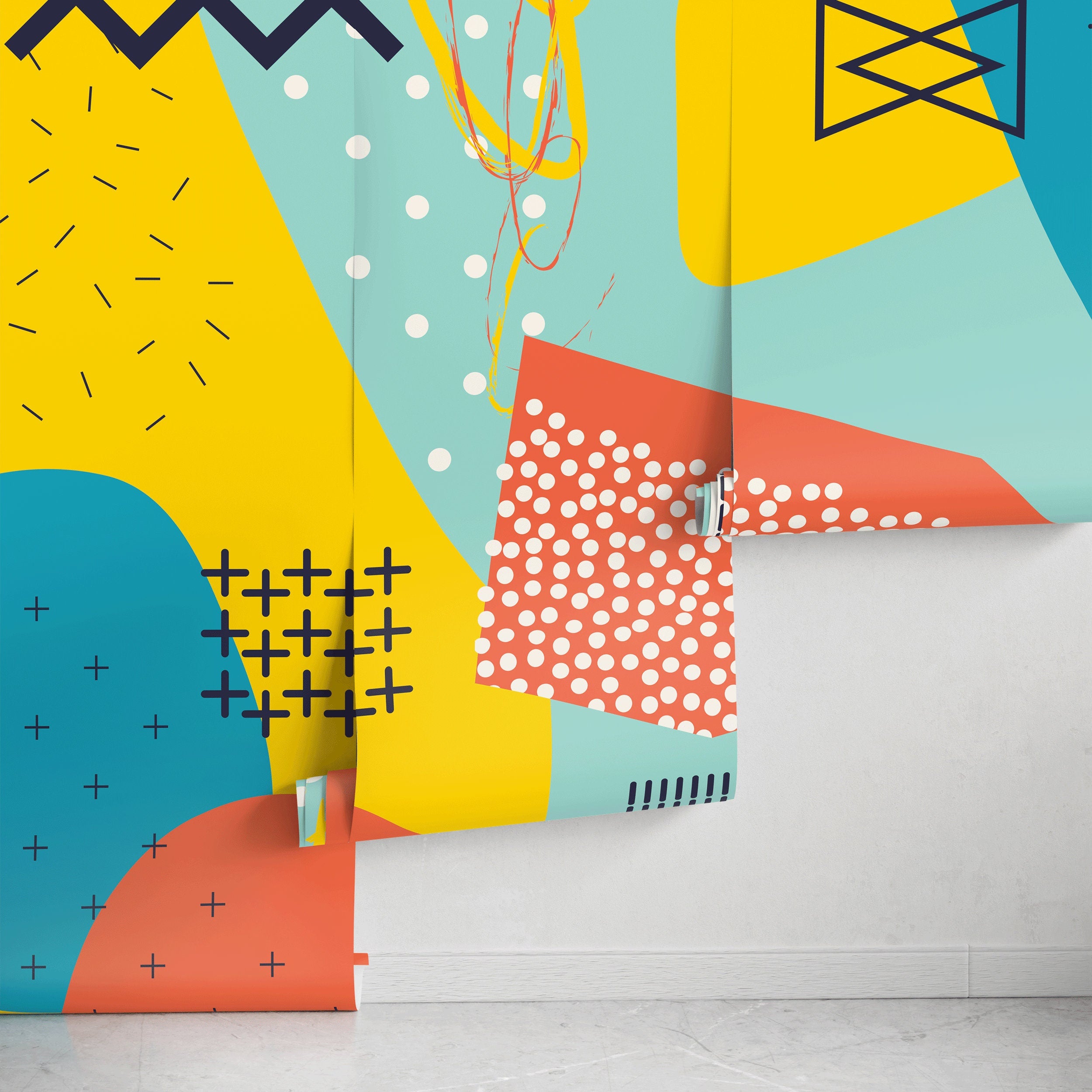 Abstract Wallpaper With Pop Art Motifs In Yellow, Teal, And Orange - A518