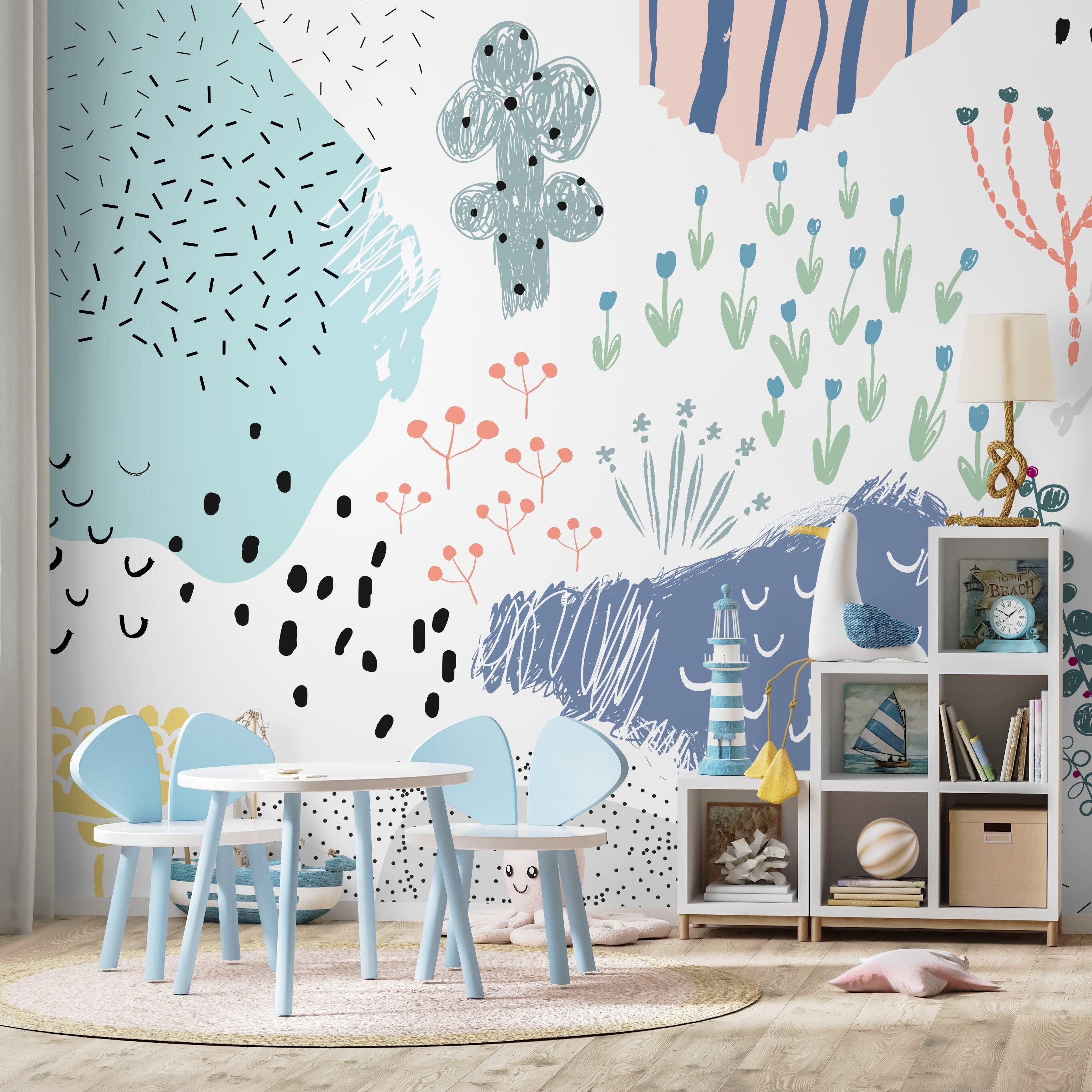 Abstract Wallpaper With Scribbled Doodles And Shapes In Blue And Pink - A520