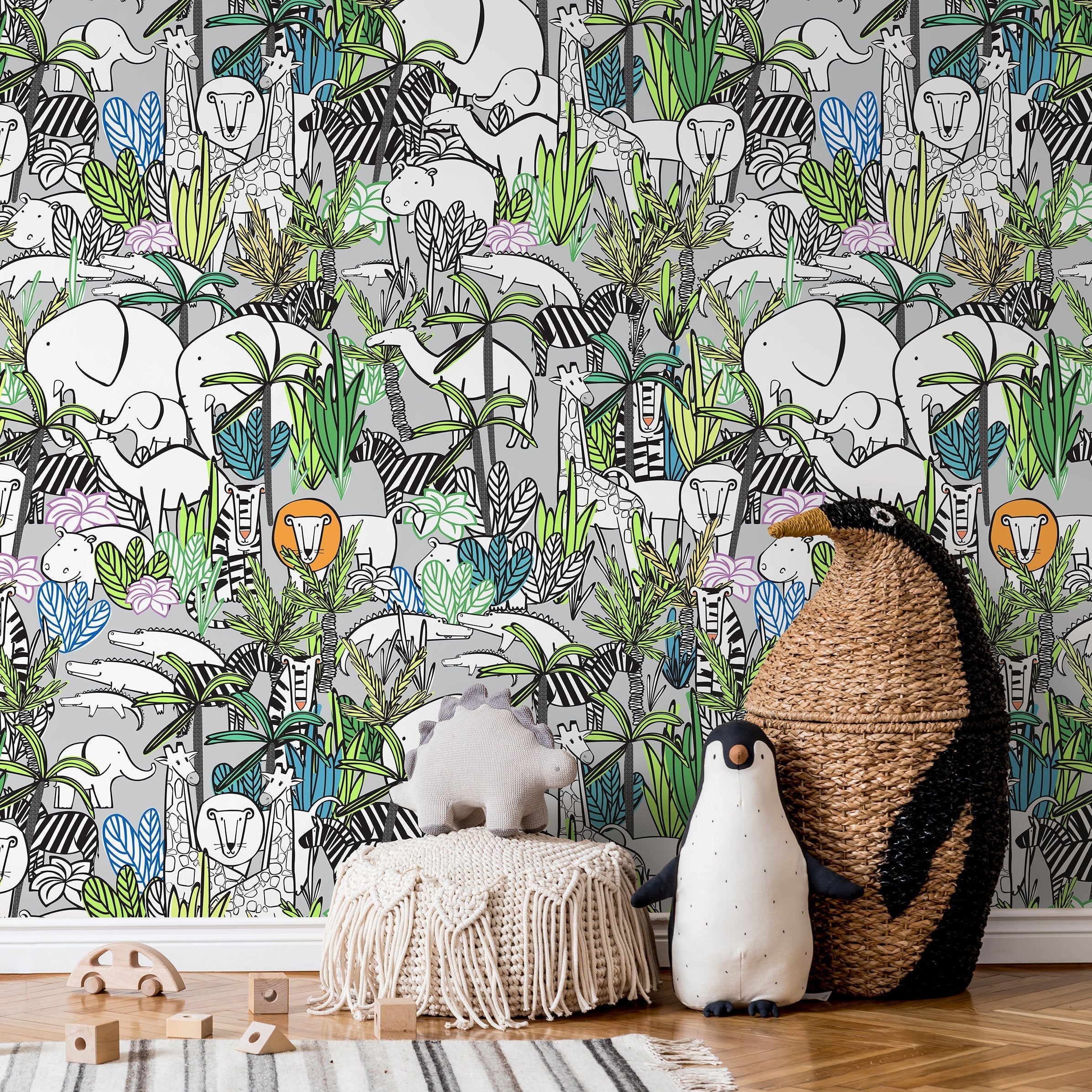 Jungle Wallpaper Featuring Illustrated Safari Animals In Green And Gray - A525