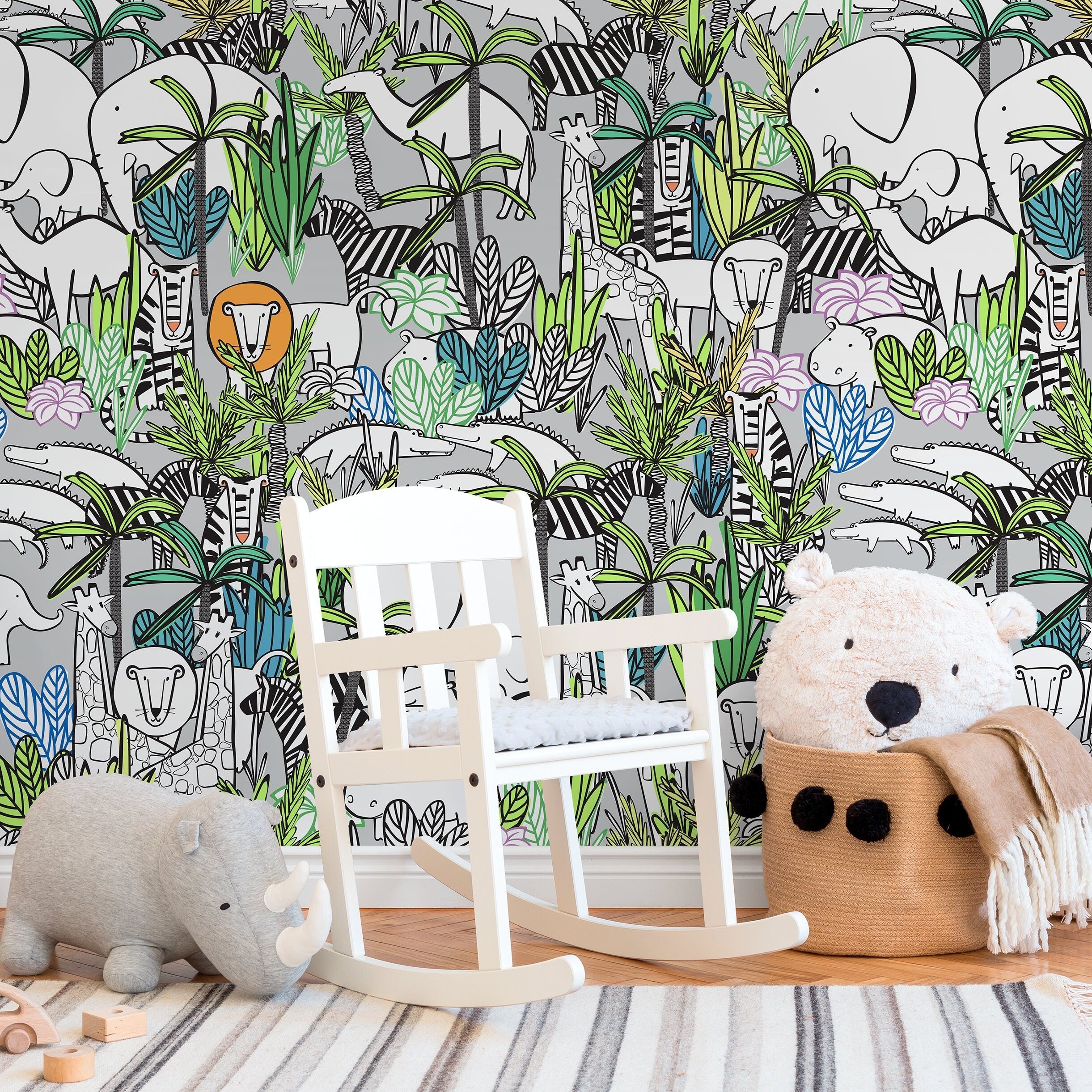 Jungle Wallpaper Featuring Illustrated Safari Animals In Green And Gray - A525