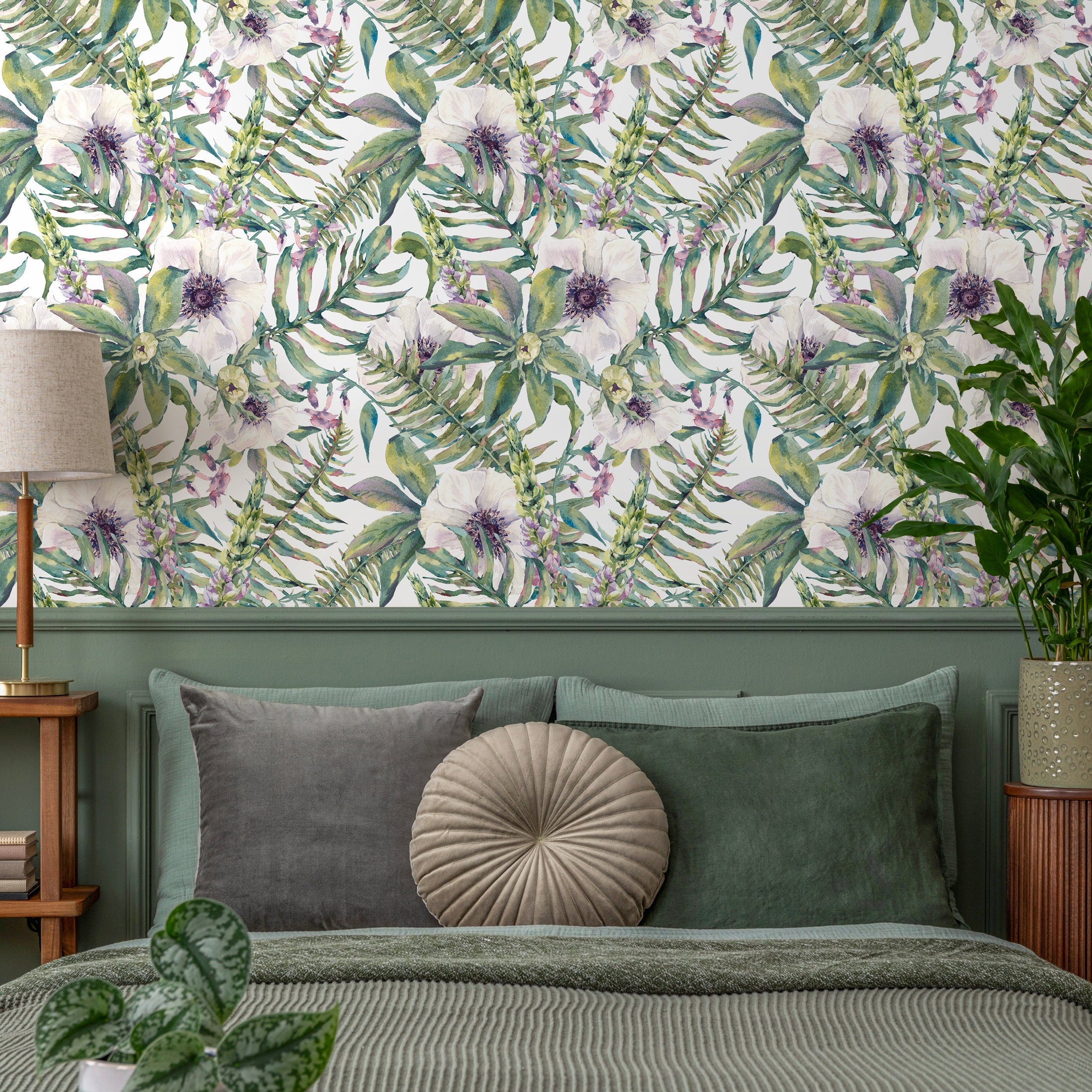 Botanical Wallpaper With Watercolor Anemones In Green And Purple - A529