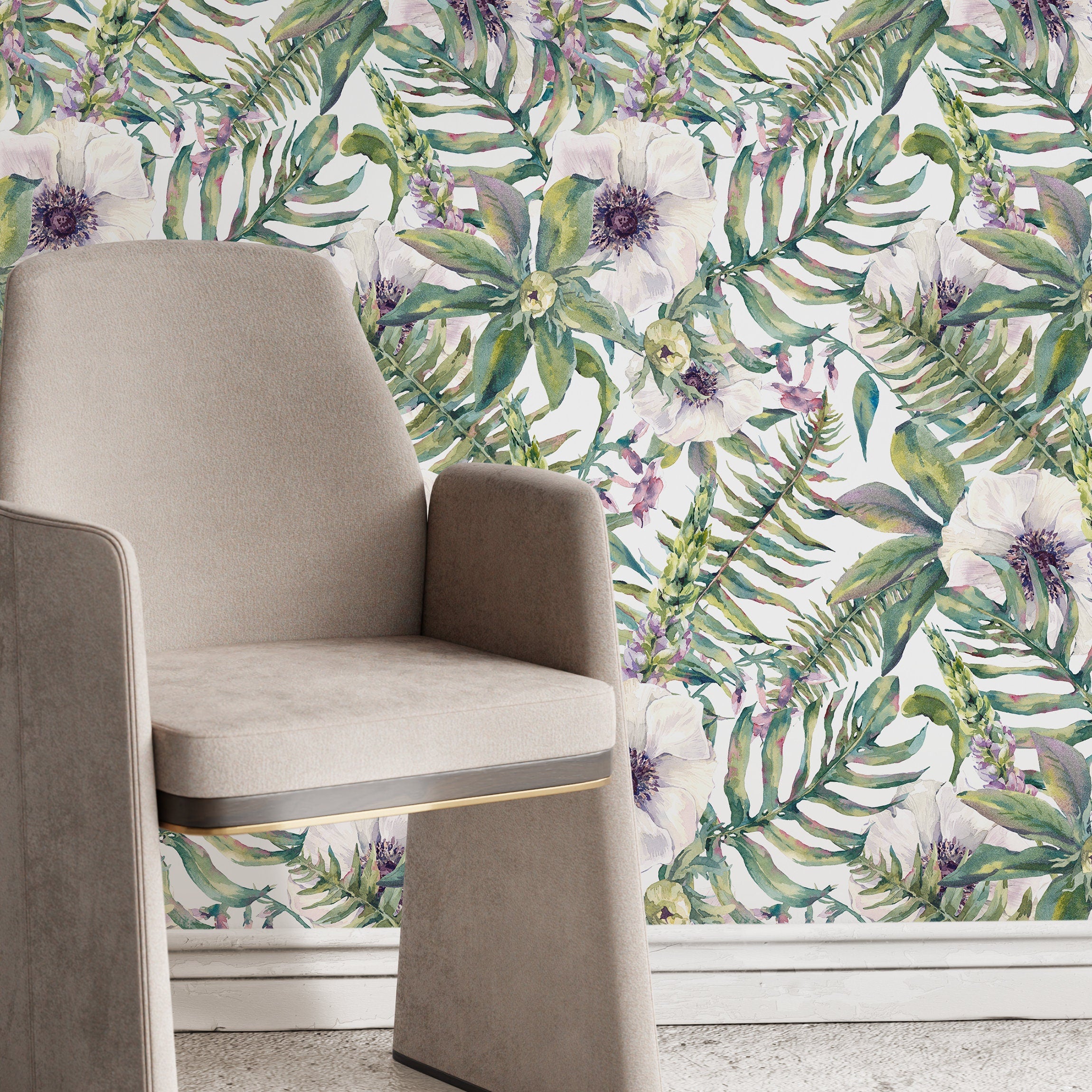 Botanical Wallpaper With Watercolor Anemones In Green And Purple - A529