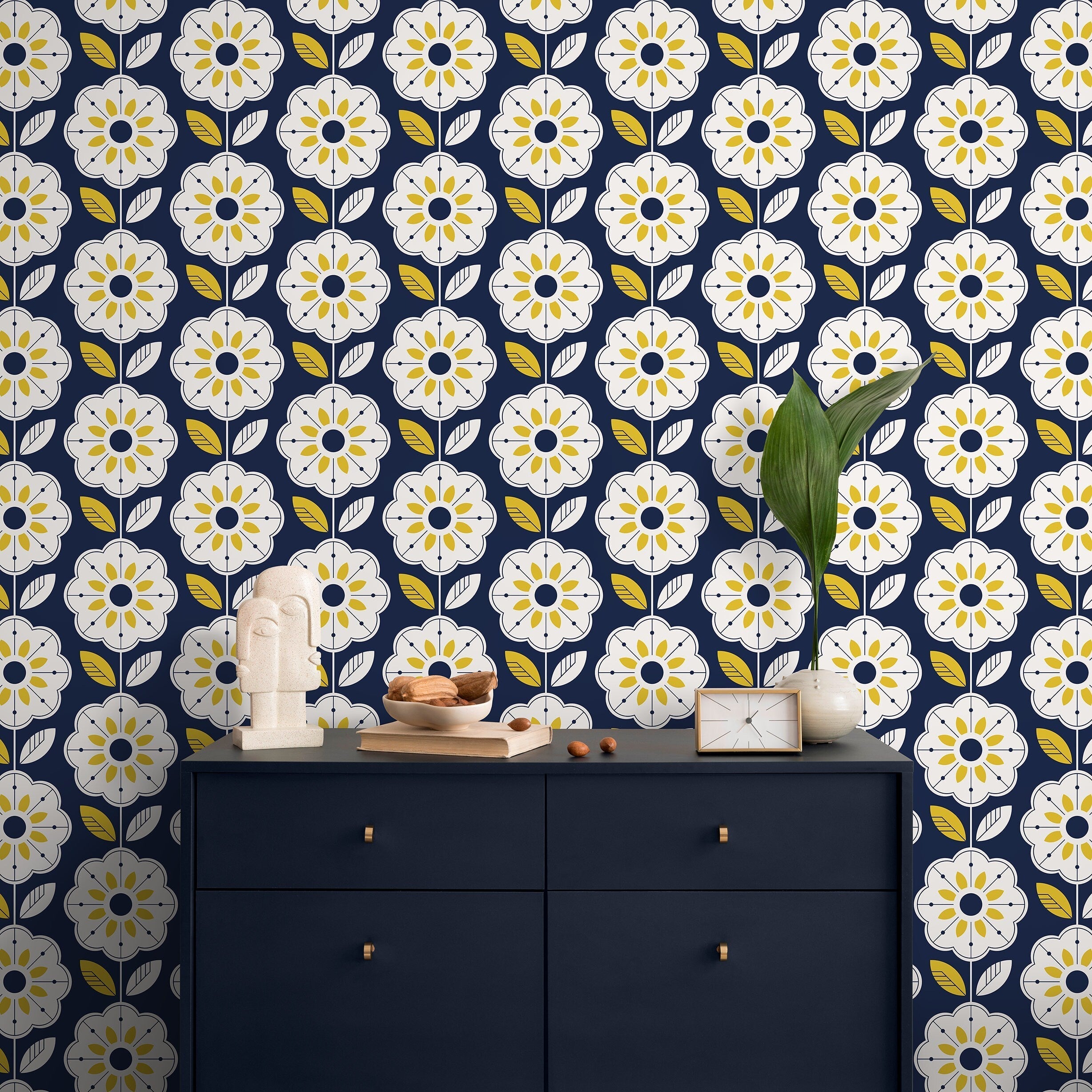 Geometric Floral Wallpaper With A Scandinavian Motif In Navy Blue And Yellow - A536