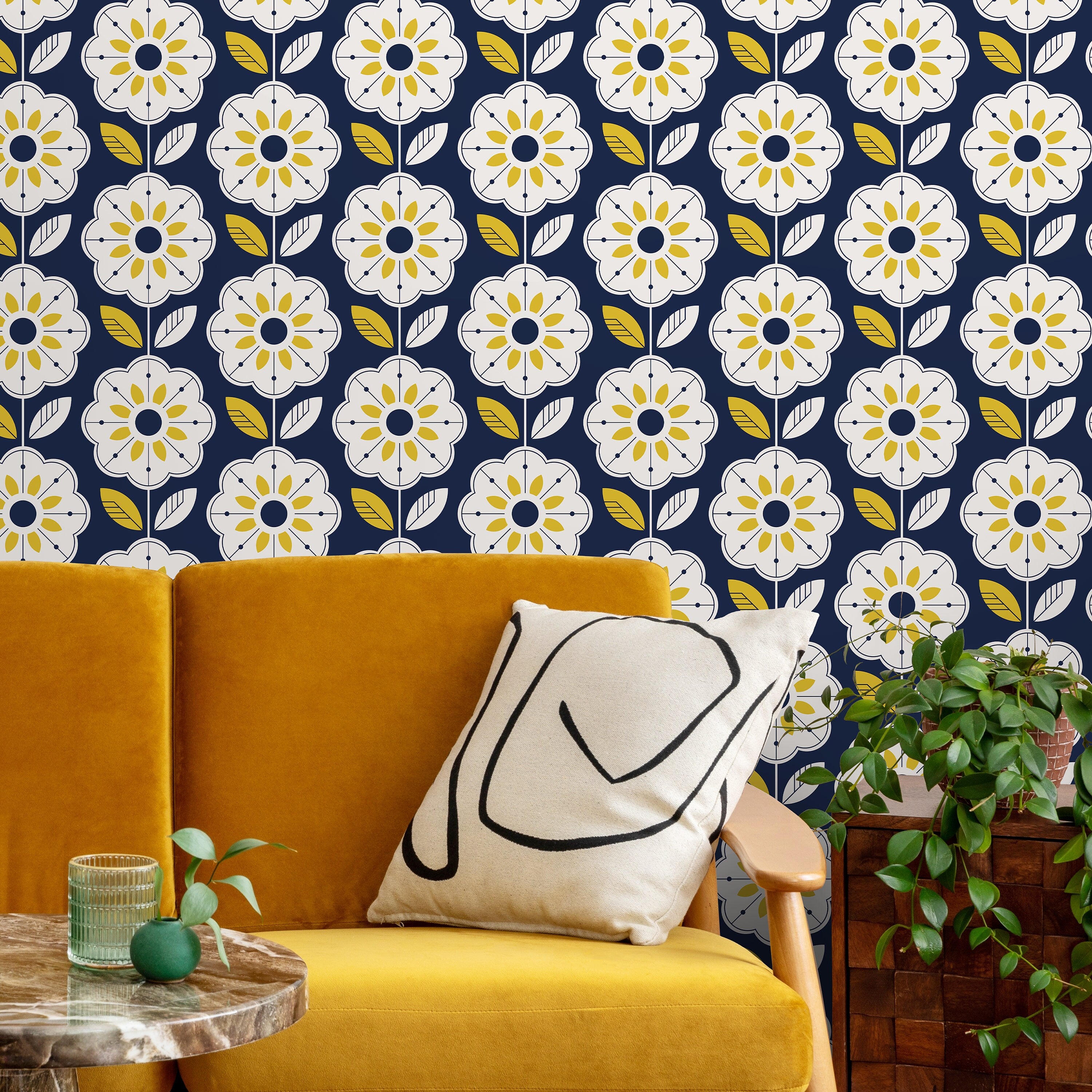 Geometric Floral Wallpaper With A Scandinavian Motif In Navy Blue And Yellow - A536