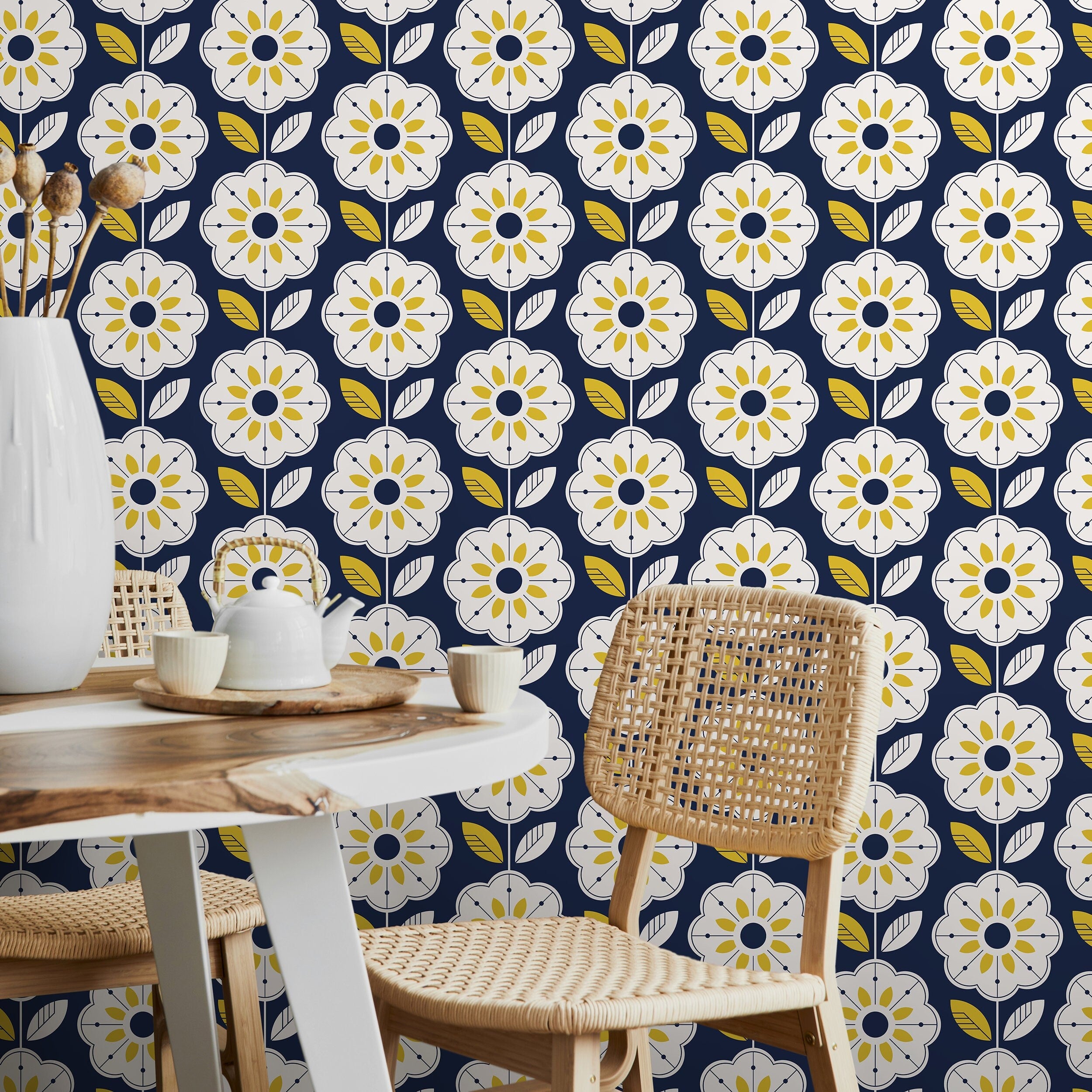 Geometric Floral Wallpaper With A Scandinavian Motif In Navy Blue And Yellow - A536