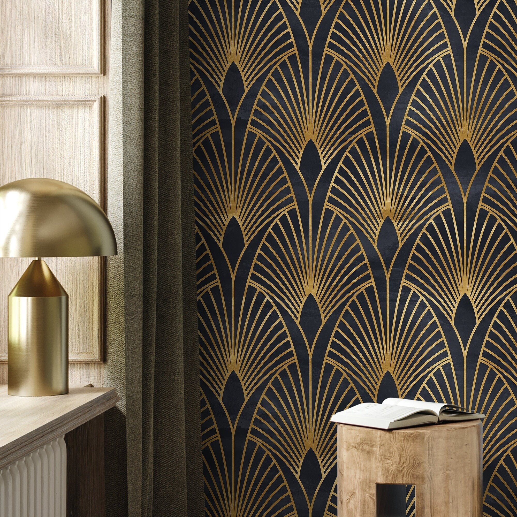 Art Deco Wallpaper With A Geometric Fan Motif In Black And Gold - A537