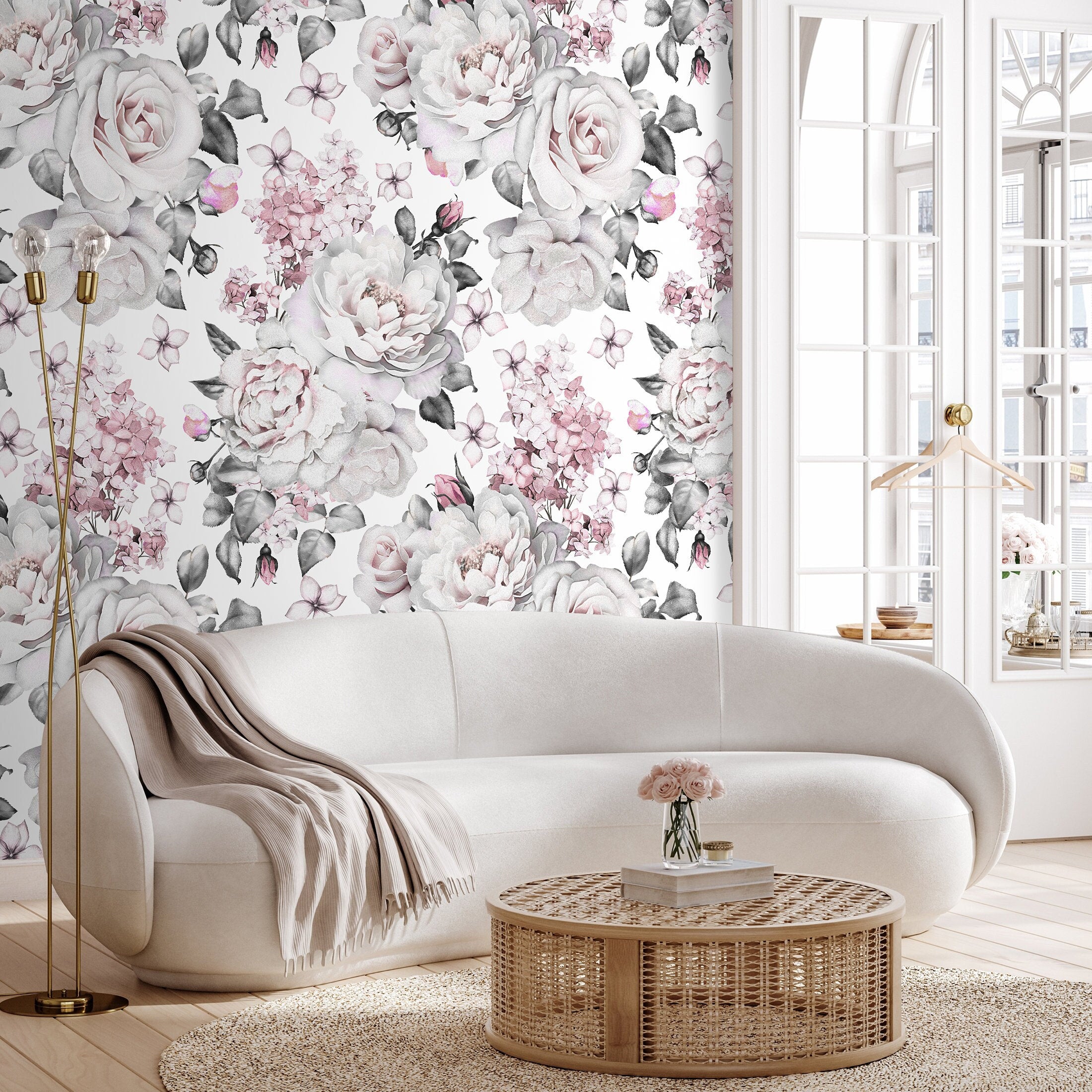 Floral Wallpaper Featuring Vintage Roses And Hydrangeas In Pink And Grey - A547